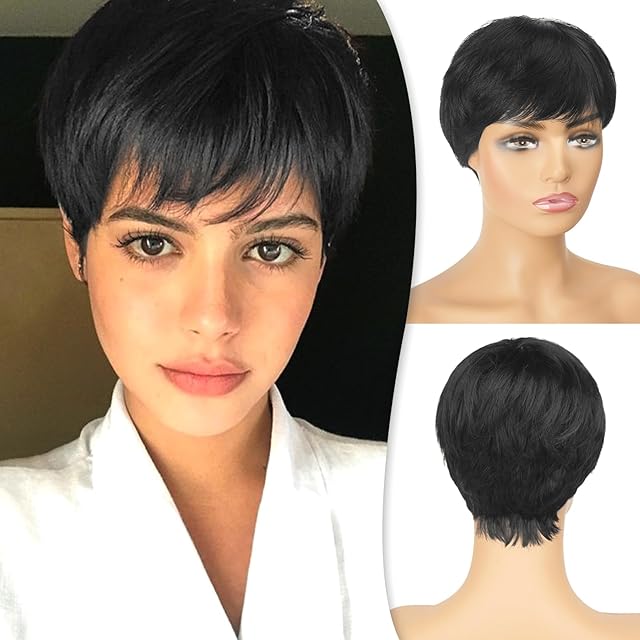 RUWISS Pixie Cut Wig Human Hair Wigs Human Hair Wig with Bangs Natural Black Short Wig Layered Wavy Different Style Short Wigs for Black Women (1B#)
