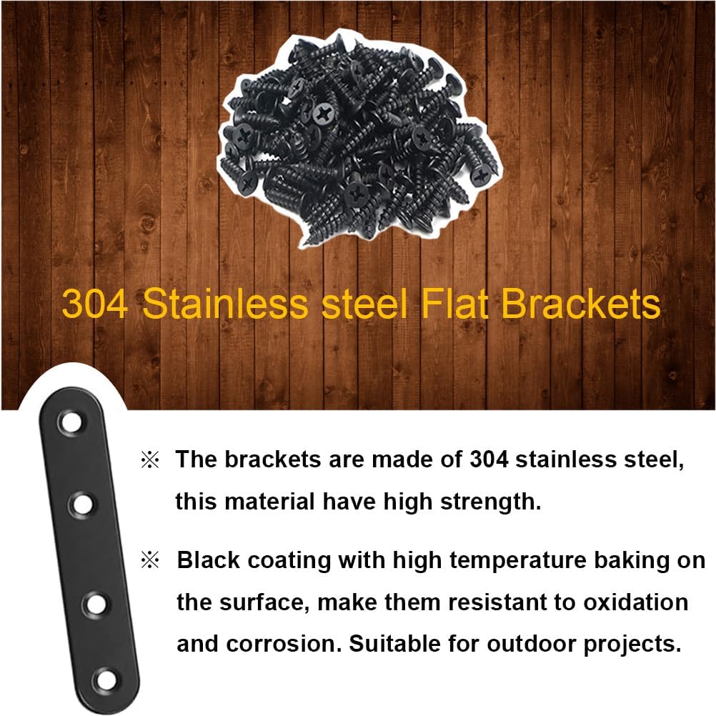 12Pcs Black Straight Brackets 3 Inch Stainless Steel Flat Brace Mending Plates, Sturdy Metal Repair Fixing Joining Brackets for Wood Furniture with Screws