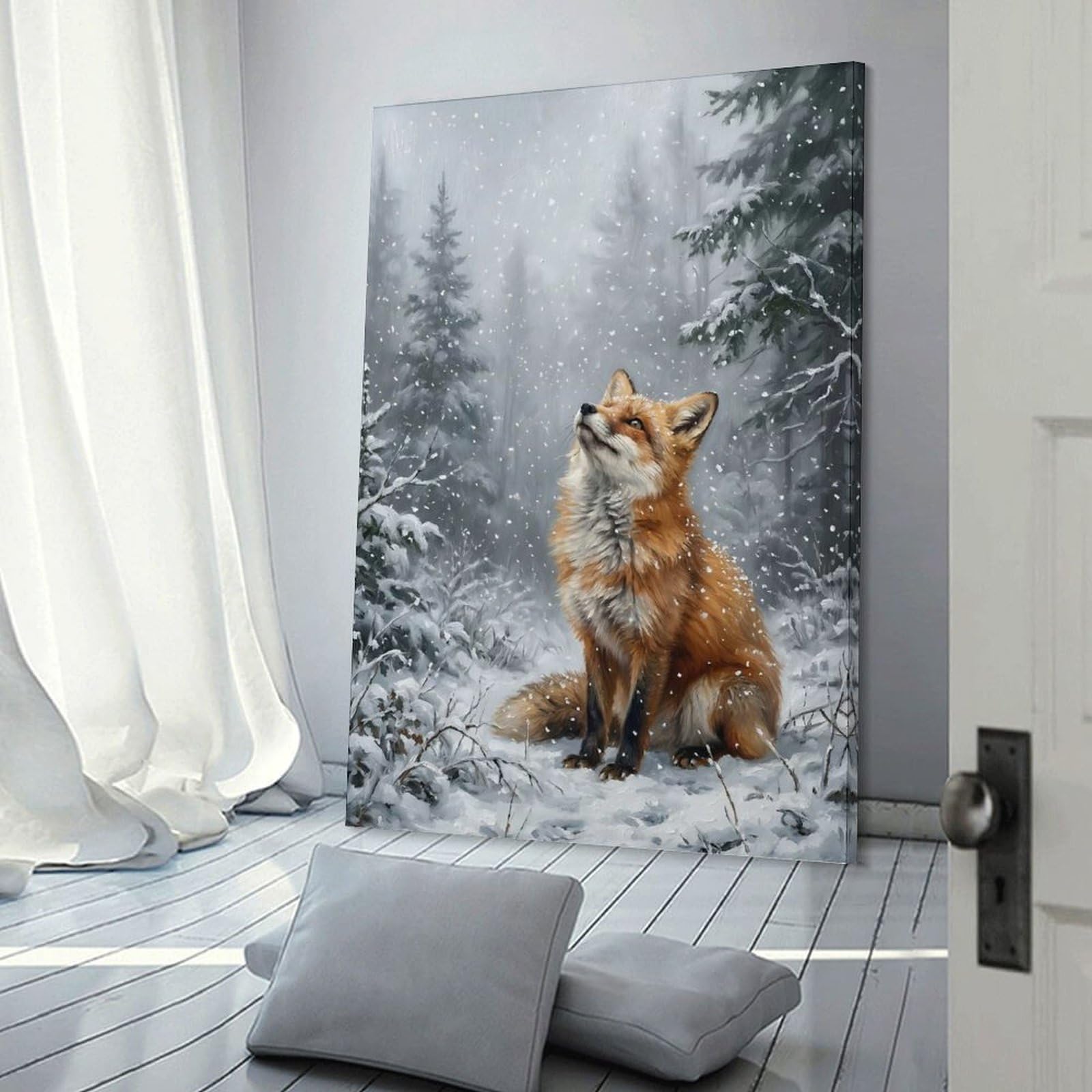 Junmoney Fox in A Snowy Forest Canvas Art Print, 16x24inch(40x60cm), for Bedroom Decor, Cosy Corners Or Studios, A Warm Accent for Relaxed Interiors