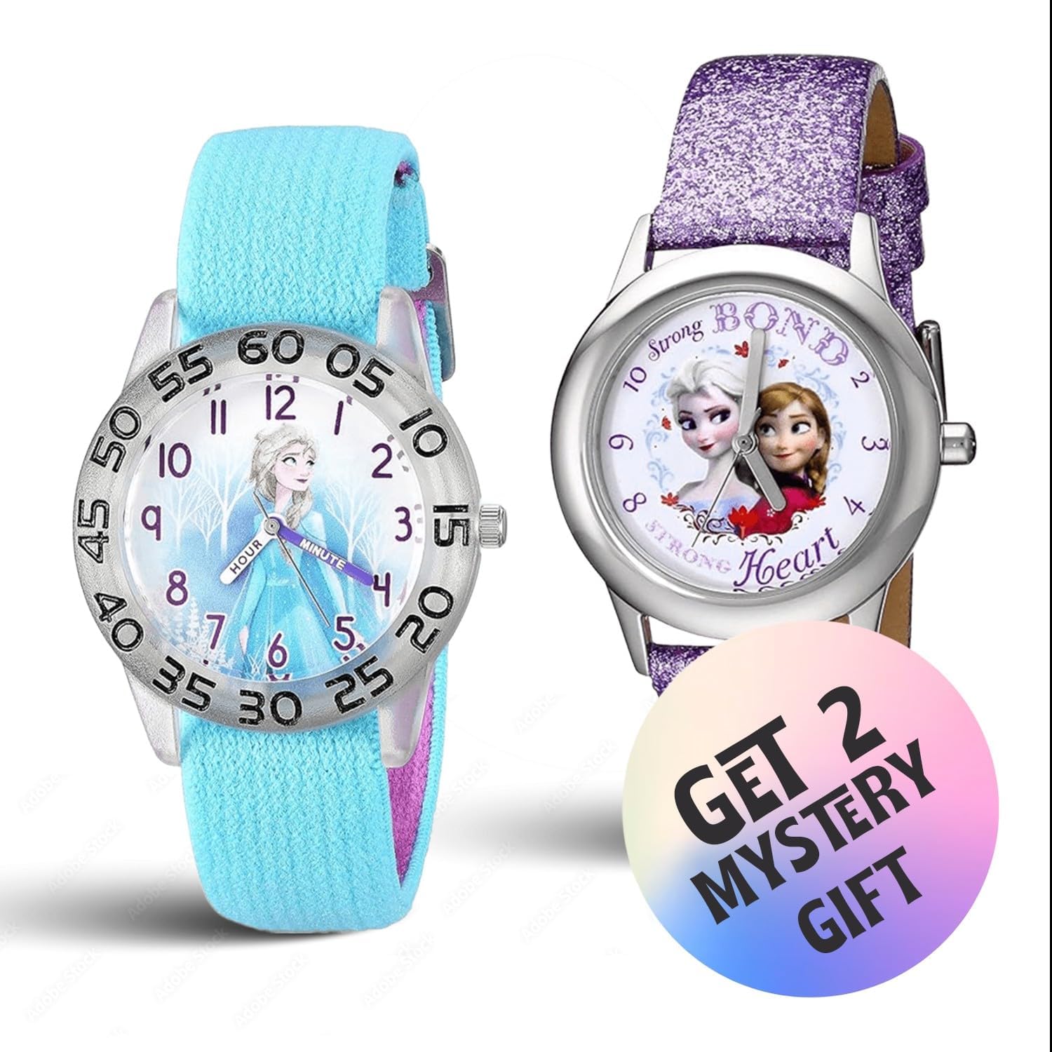 Disney Frozen 2-Pack Watch Set for Kids Ages 4–7 – Featuring Elsa and Anna Dial Designs – Silver Bezels with Purple Glitter and Blue Nylon Straps – Gift for Girls – GET 2 Mystery Bonus Watches - Image 2