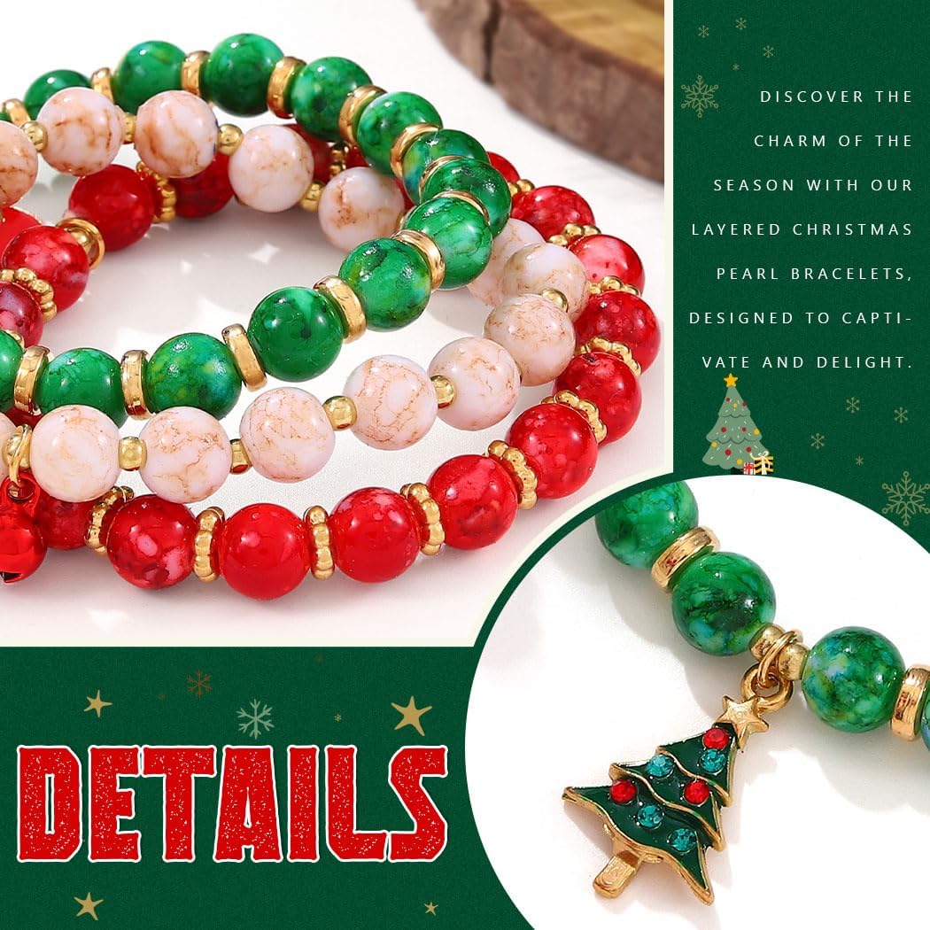 Christmas Bracelet Set Stretch Beaded Multilayered Colorful Snowman Bracelets Jewelry for Women(3PCS) - Image 4