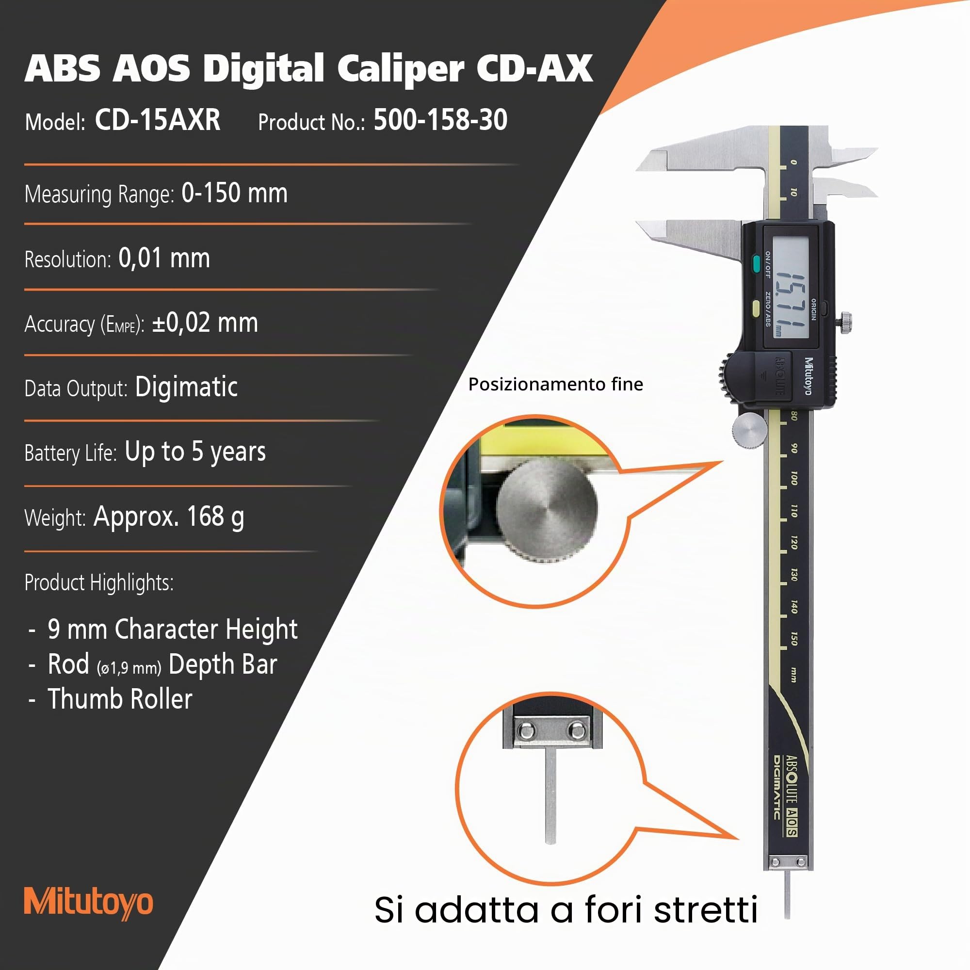 Mitutoyo 500-158-30 Calibro digitale ABS AOS CD-15AXR, 0-150 mm