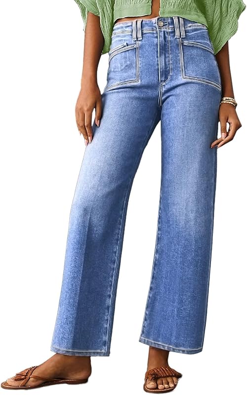 Womens Wide Leg Jeans High Waisted Stretchy Buttoned Denim Pants Trendy 2025 with Pocket