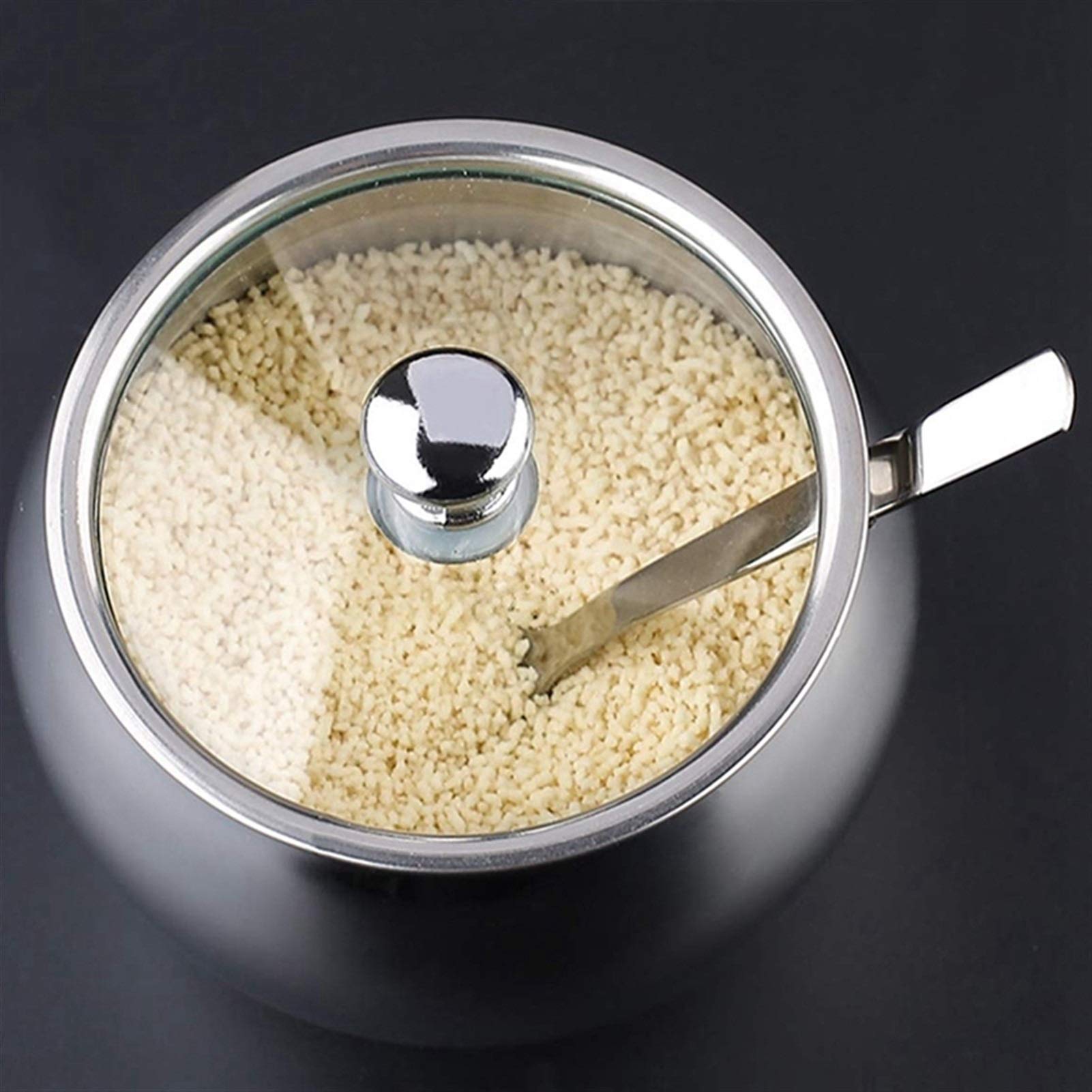 Contenitori per Condimenti Ciotola di Zucchero con Coperchio e Cucchiaio, 2 barattoli di Sale in Acciaio Inox Sale Set di barattoli con condimento, Argento Barattoli Portaspezie