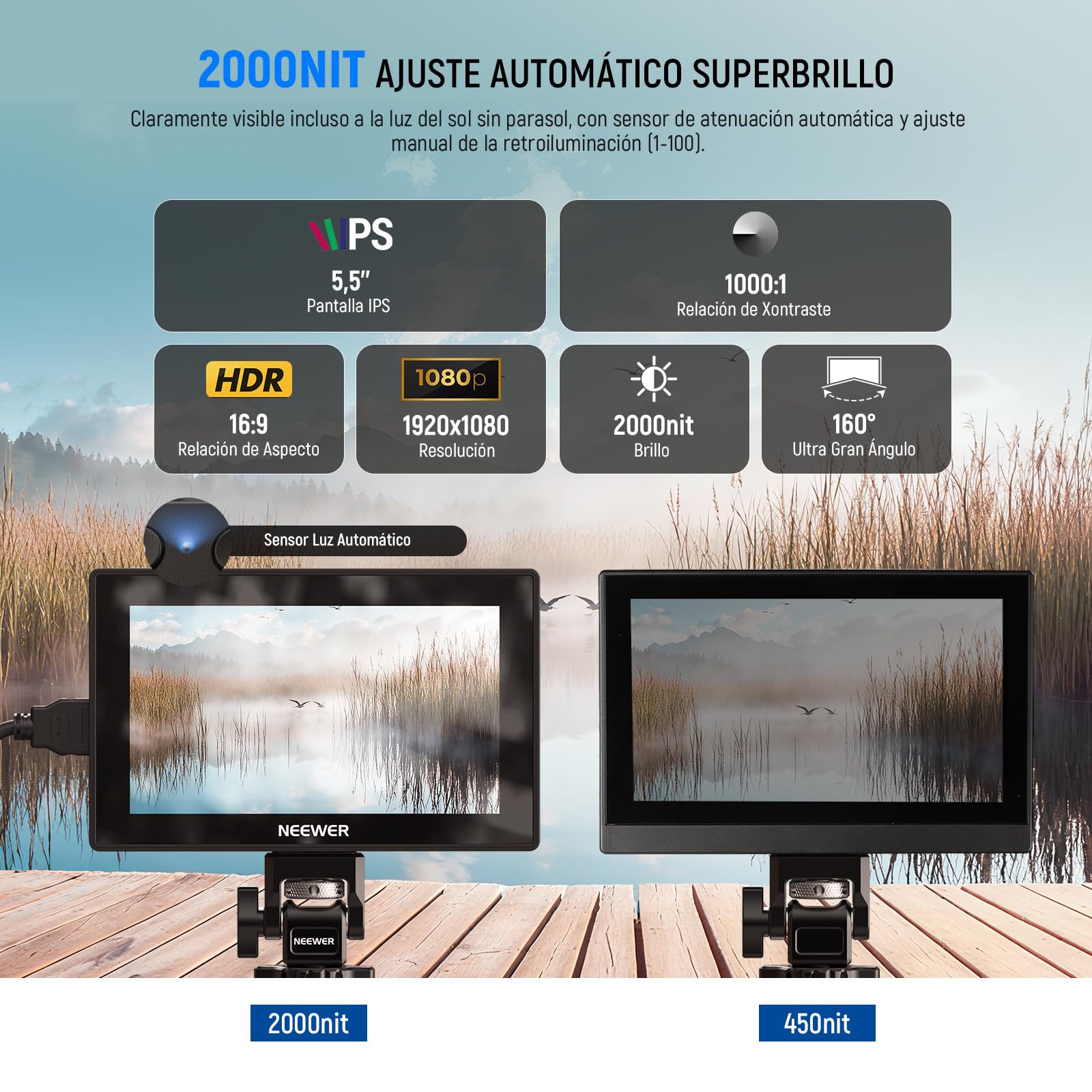 NEEWER Monitor de Campo para cámara de 5,5", 2000 nits HD 1920x1080 IPS con Pantalla táctil, 4K HDMI Loop in/out con 3D LUT, Enfoque máximo, Asistencia de vídeo DSLR, Onda de Forma HDR, batería de