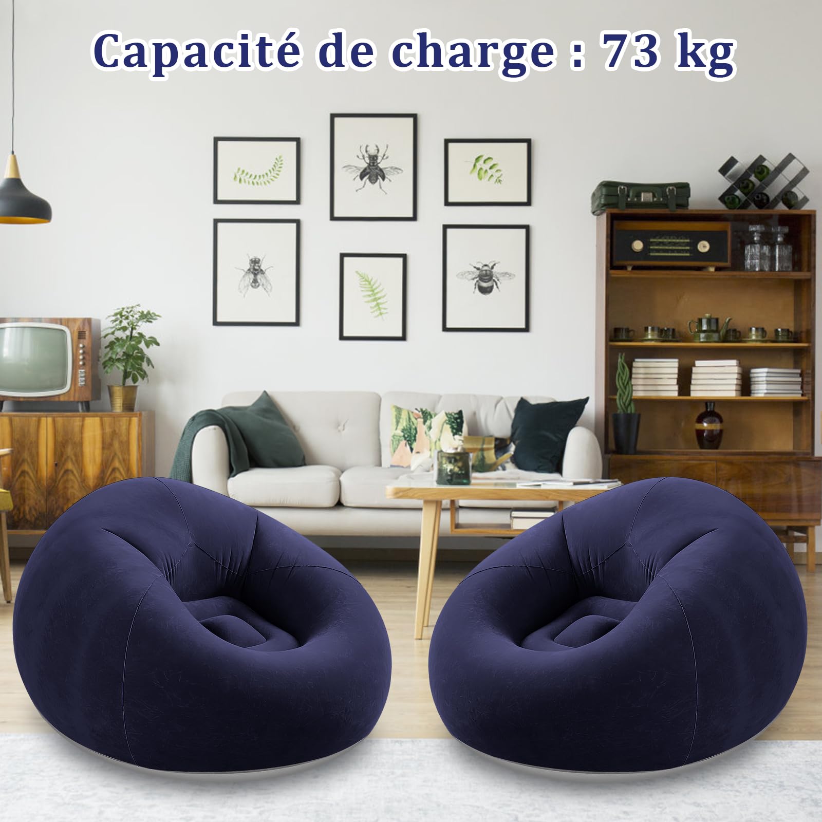 Lot de 2 Chaises Gonflables Pliables Confortables – Fauteuils Gonflables Portables pour Salon, Chambre, Lecture, Camping ou Détente (Bleu Foncé)