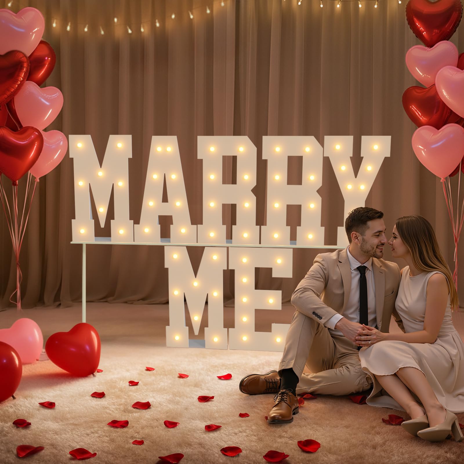Letrero de letras iluminadas con texto en inglés "Marry Me" | Letras grandes para marquesina, letrero grande iluminado, propuesta de boda, decoración de fiesta con pétalos de rosa roja