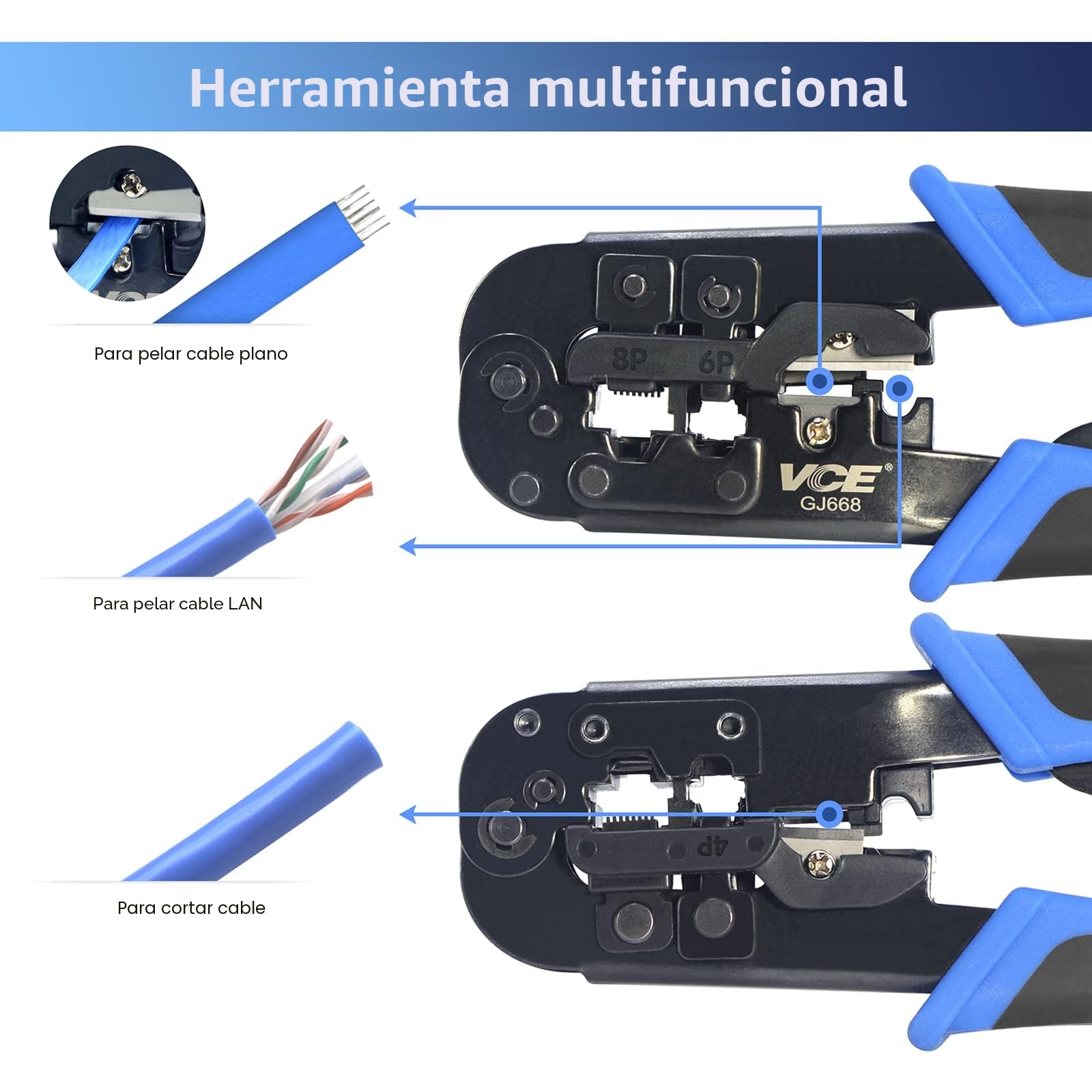 VCELINK Crimpadora RJ45 RJ12 RJ11 Ethernet 8P8C Cortar Pelar