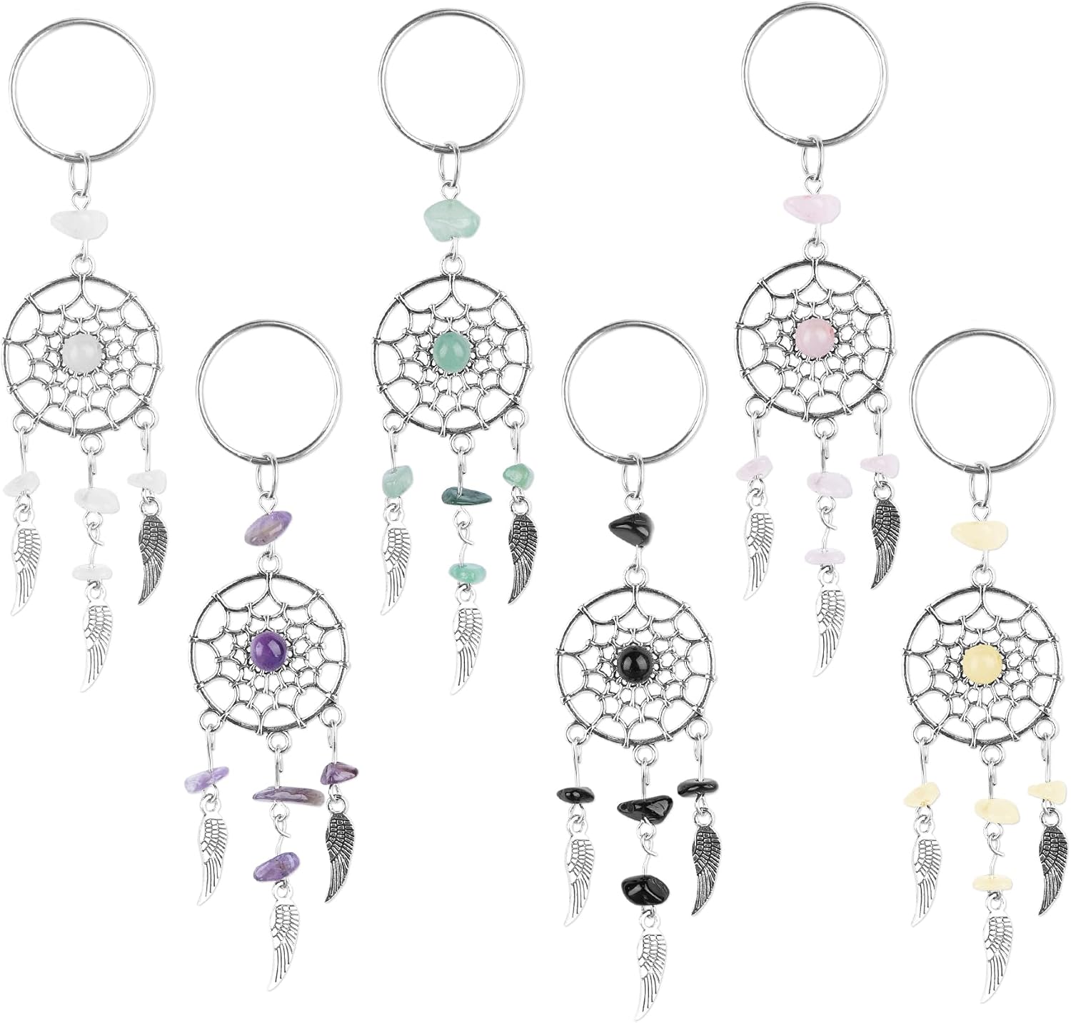 AUEAR, 6 Pack Dream Catcher Keychain Keyring Feather Stone Ornaments for Car Bag Accessories Jewelry DIY Crafts