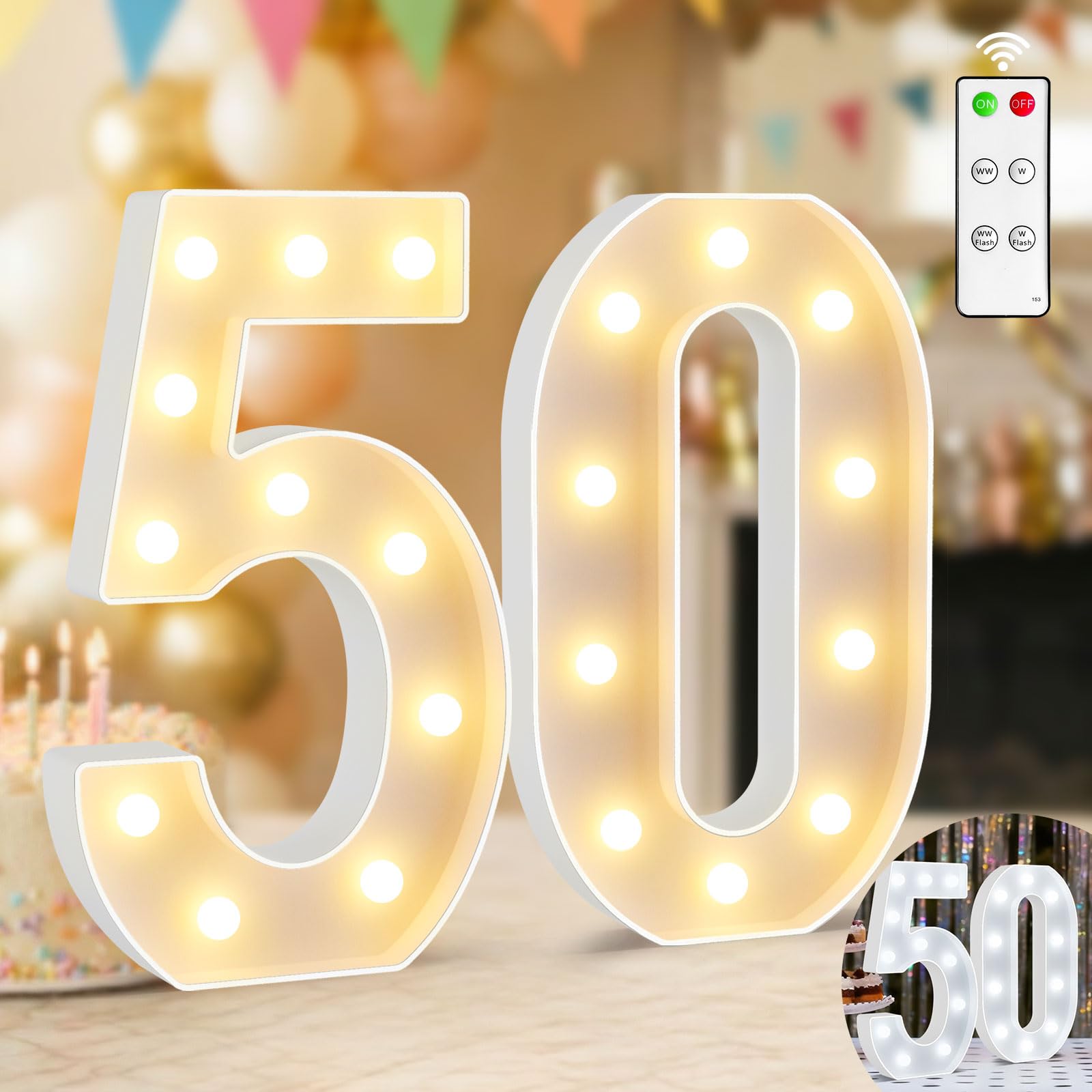 Numeri a LED da 32 cm, numeri illuminati, 50, bianco caldo e freddo, con telecomando, per decorazioni di compleanno, feste, matrimoni, funzionamento a batteria
