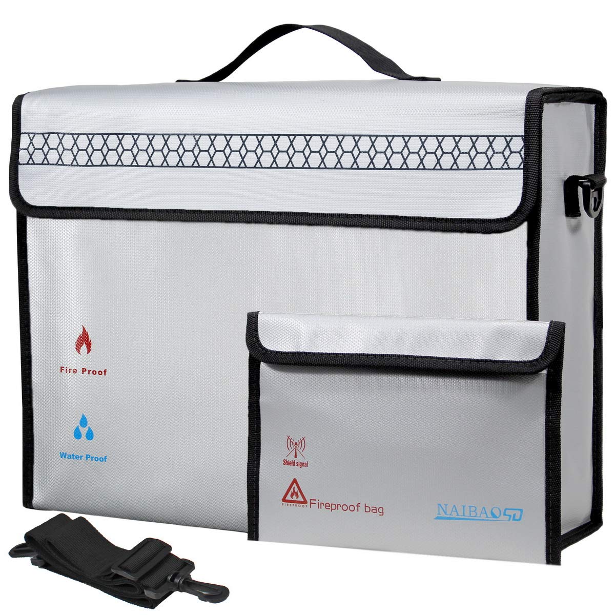 NAIBAOSDFireproof Document Box (16"x 12" x 5") Silicone Coated with Shoulder Strap and Zipper Closure, Fireproof Money Bag (8.75"x6.0") for Cash, Coin, Credit Cards, Passport, and Other Valuables