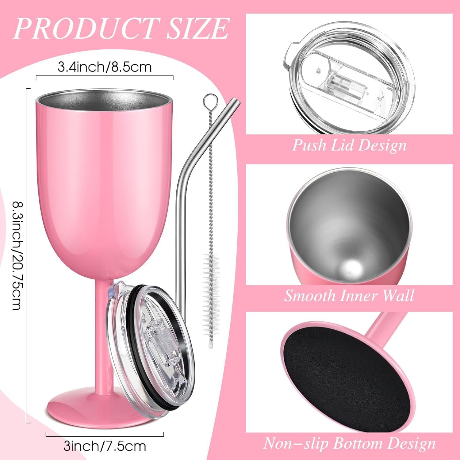 1 Pc Insulated Wine Tumbler with Lid Straw Brush 10oz Stainless Steel Glasses Cups Double Walled Vacuum Insulated Wine Tumbler for Christmas Women Men Holiday Birthday Gifts (Pink) - Image 2