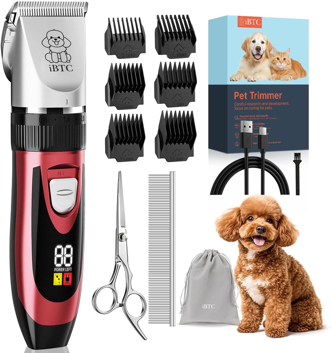 iBTC Dog Shaver Clippers Low Noise Rechargeable Cordless Electric Quiet Hair Clippers Set for Dogs Cats Pets Features a Ceramic Blade Head That is Removable (red)