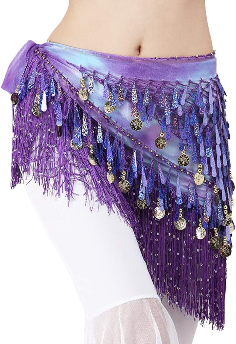 Lauthen.S Belly Dance Hip Scarf with Tassels Sequins, Triangle Coins Wrap Skirt Music Festival Clothing
