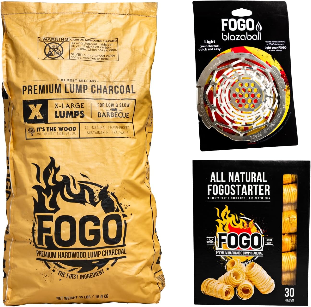 FOGO Premium Hardwood Natural Large Sized Lump Charcoal 35 Pound Bag, Fogostarters Natural Fire Starters and Blazaball Bundle