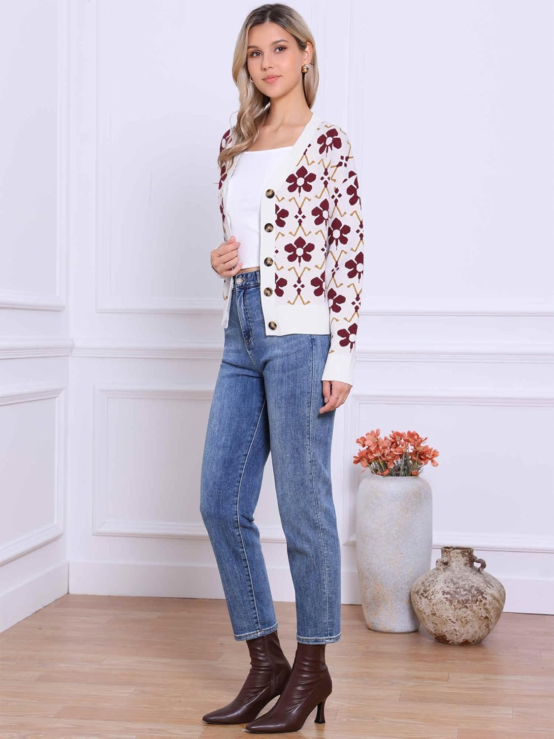 Allegra K Floral Cardigan Sweaters for Women Open Front V Neck Button Down Long Sleeve Knit Sweater Outerwear - Image 4