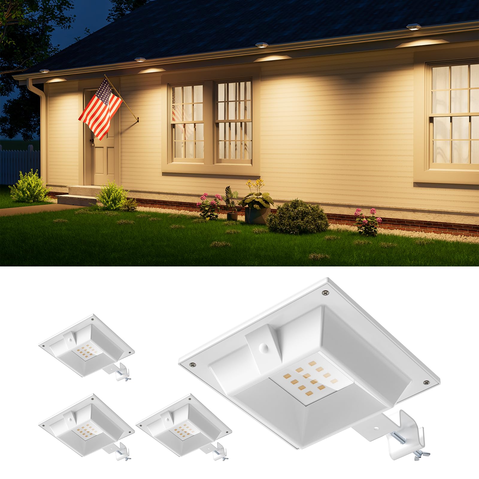 4 Pack Solar Powered Gutter Lights Outdoor Decorative Waterproof 12 LEDs Yard Lamp for Fence, Railing, Outside Wall, Deck, Garden, Path, Backyard, Walkway, Patio, No Drilling Installation (Warm White) — image 1