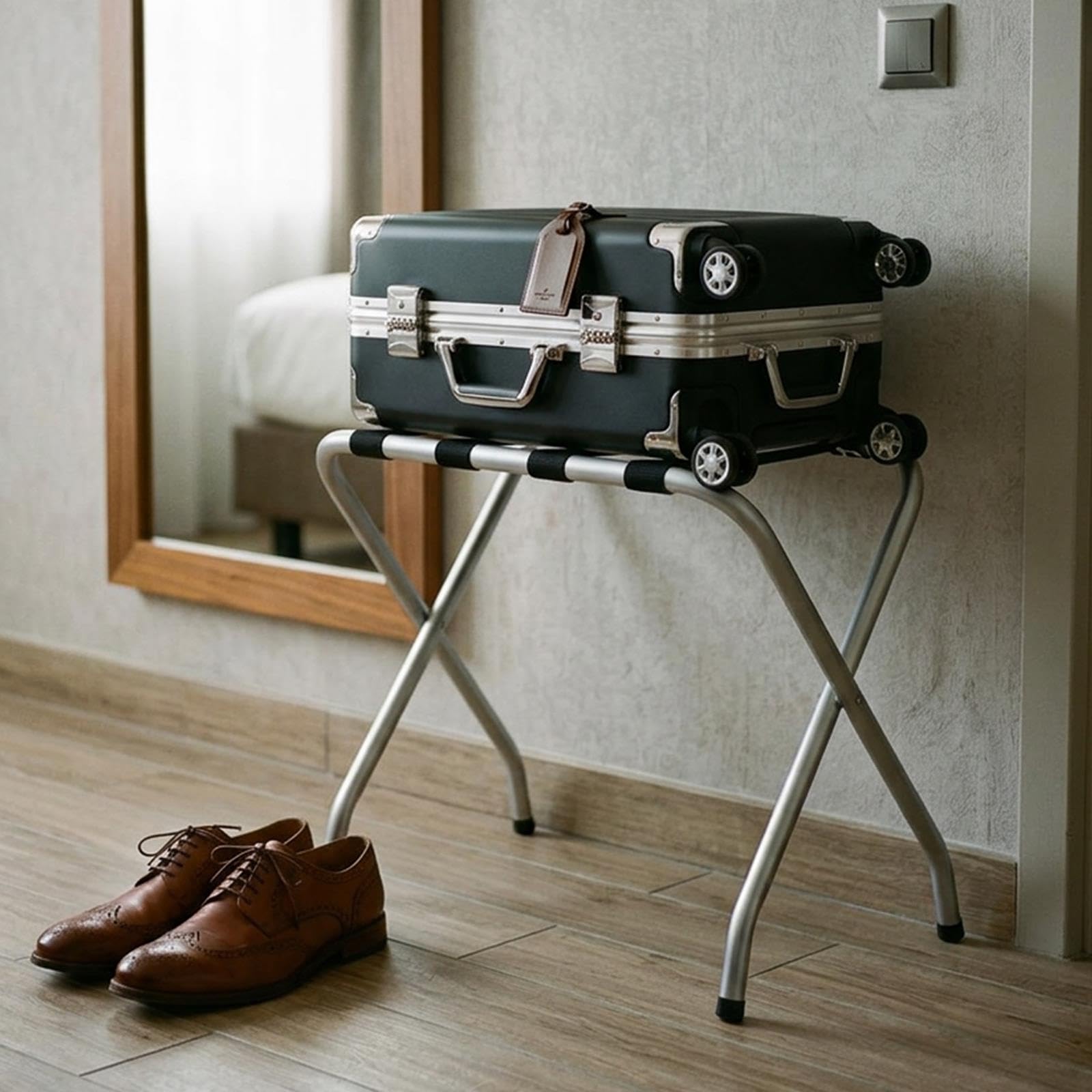 IDIMEX Porte-Valise Luggage en métal Gris, Support-Bagages Accessoire de Chambre hôtel pour Sac de Voyage et Valise, Support Valise Pliable avec 4 Sangles de Maintien