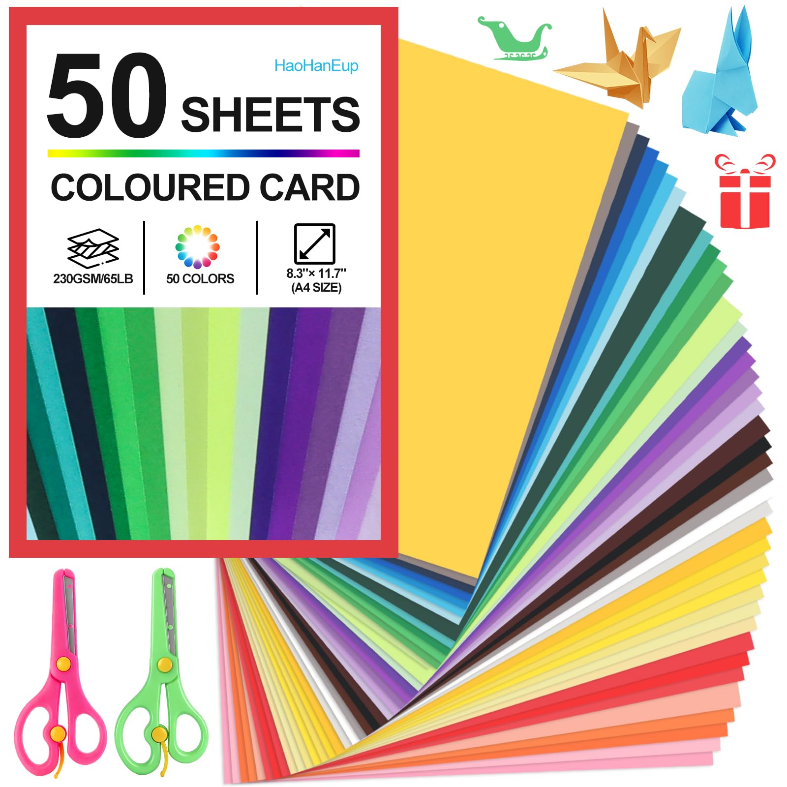 A4 Coloured Card, 50 Sheets Multicoloured 230 GSM Card Stock with 2 Anti-Pinch Scissors, 50 Rainbow Colors Thick Craft Cards for Kids Arts & Crafts, DIY Projects, Scrapbooking & Holiday Decorating
