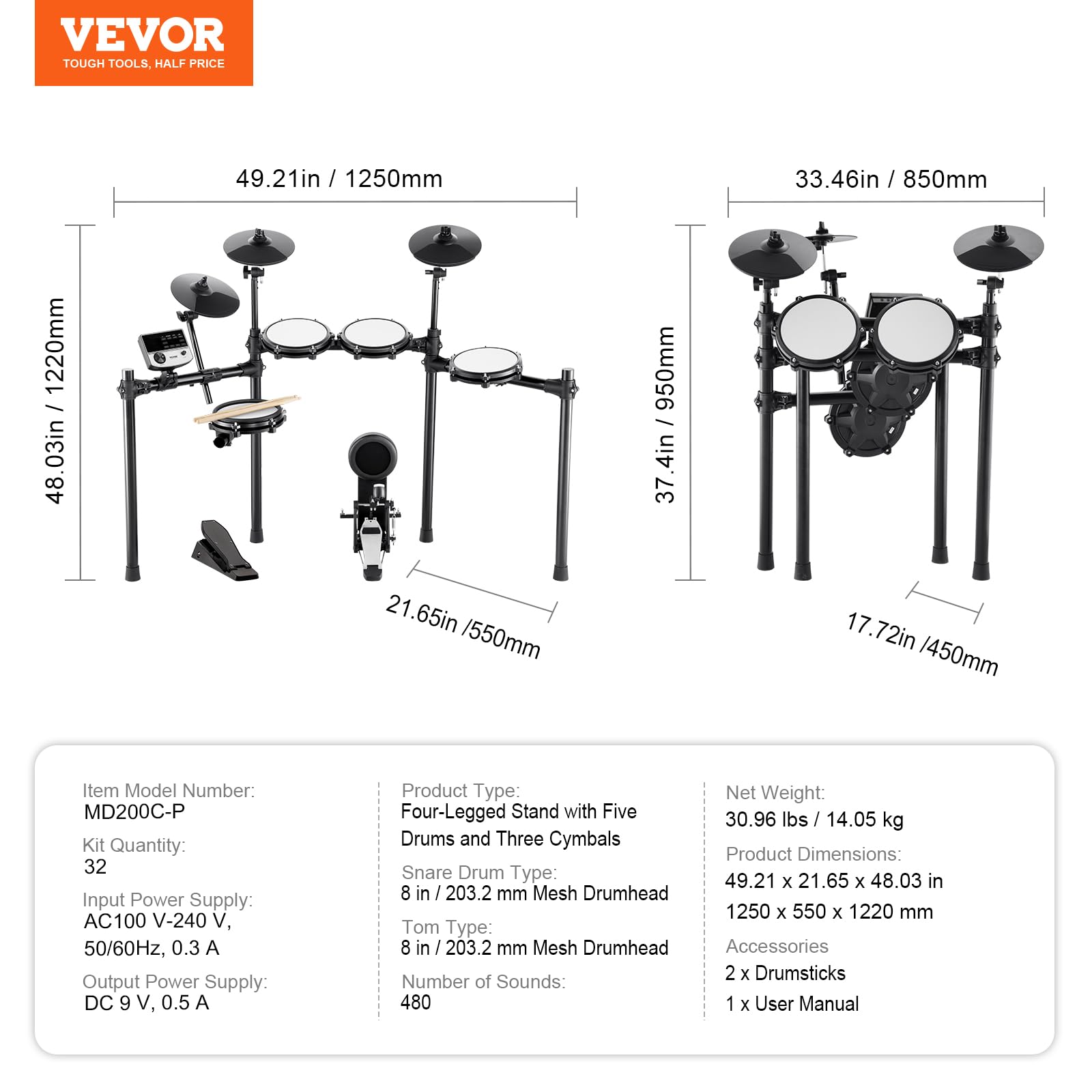 VEVOR Set di Batteria Elettronica, 32 Kit di Batteria e 480 Suoni, Kit di Batteria Elettronica, Batteria Rullante a Rete Silenzioso 203,2 mm con Supporto USB MIDI con Piatti, Bacchette e Pedali