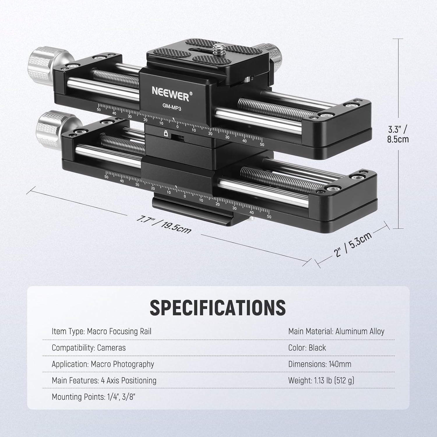 NEEWER Rail de Mise au Point Macro 4 Axes, Curseur de Rail Macro Rotatif à 360°en Alliage d'Aluminium avec Plaque de Dégagement Rapide de Type Acra et Vis 1/4" pour Caméra Caméscope Film,GM-MP3