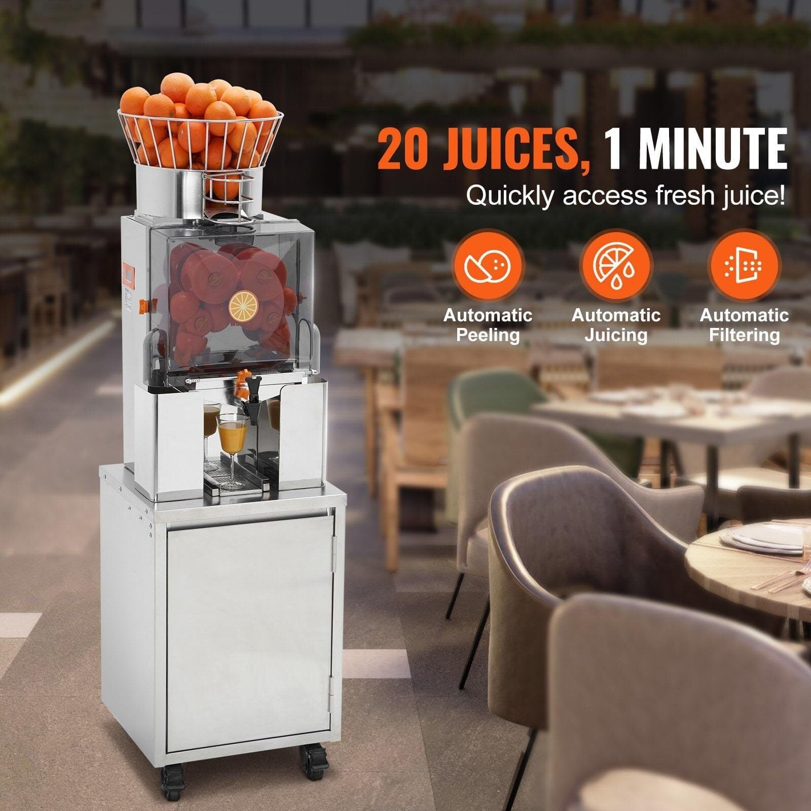 Extracteur automatique de jus d'orange commercial avec robinet d'eau, machine en acier inoxydable, boîte de filtre extractible de 25 oranges/minute, couvercle en PC, 3 seaux de collecte de pelures