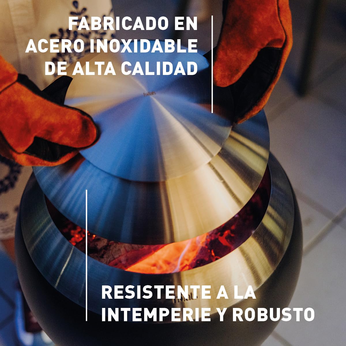 höfats - Tapa MOON 45 de acero inoxidable con sistema de ventilación - Cubierta para evitar que vuelen cenizas y chispas - La curvatura evita la acumulación de agua - Resistente a la intemperie