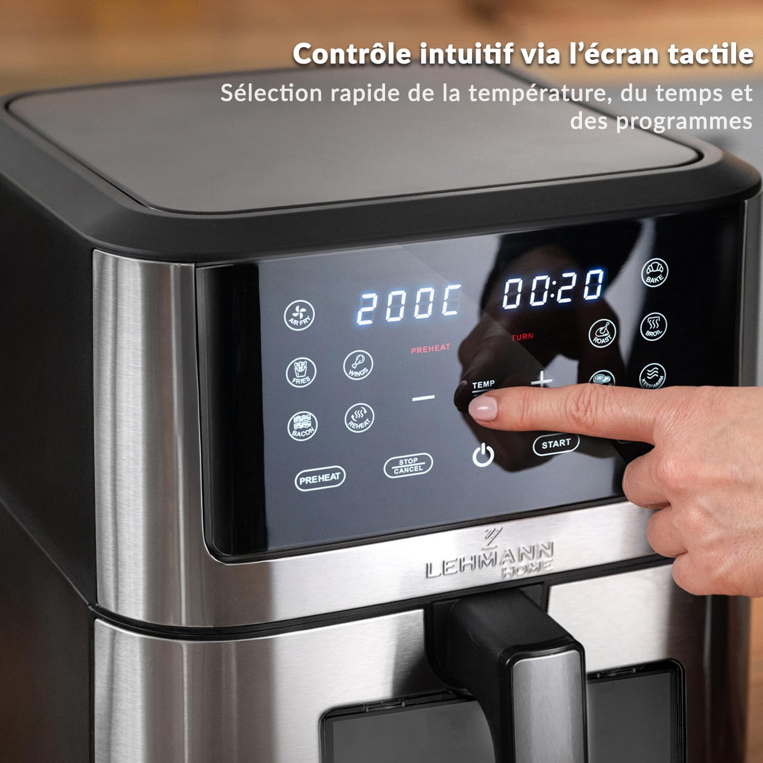 LEHMANN Air Fryer 8L avec Compartiment Flexible Dual Zone, Fenêtre, 12 programmes, Réglage Température 76-200°C, Écran Tactile LED, Revêtement Antiadhésif, 90% de Matières Grasses en Moins