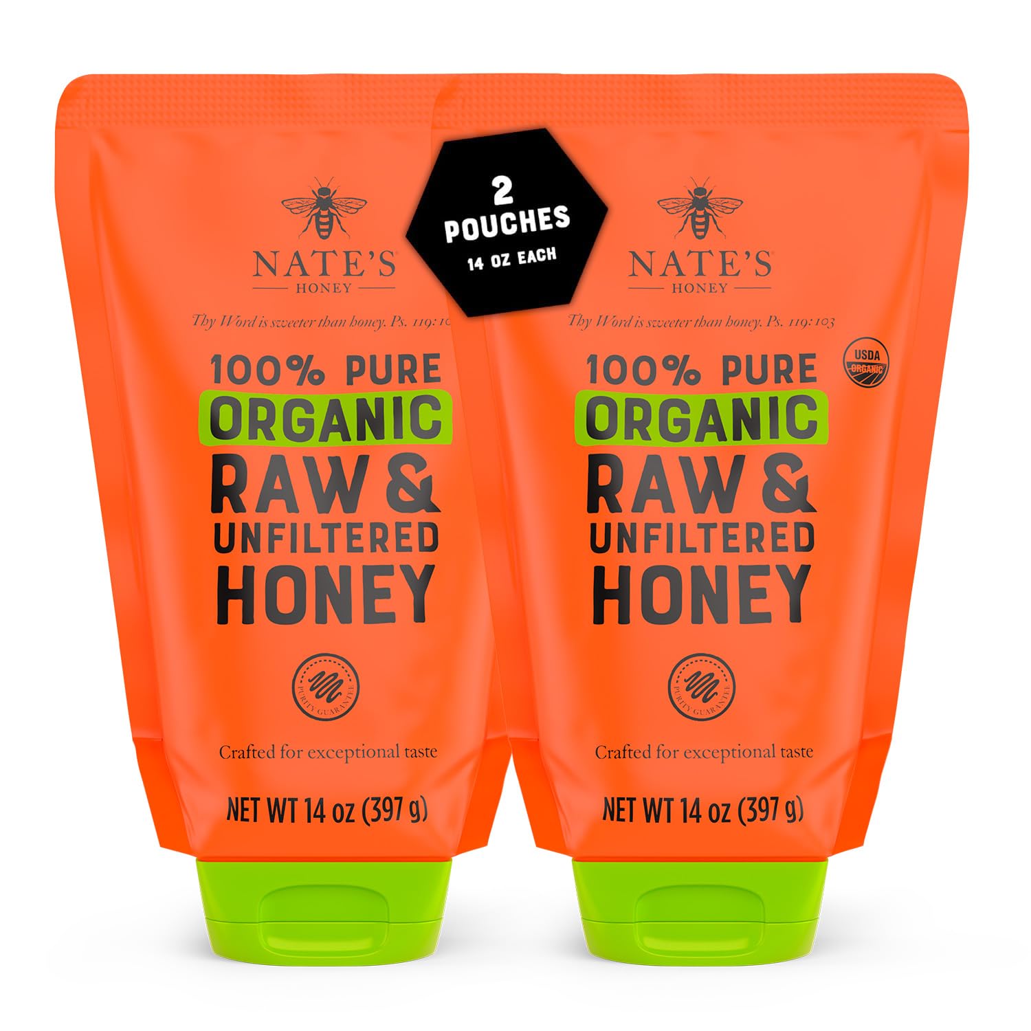 Nature Nate's 100% Pure USDA Organic Raw & Unfiltered Honey, Two 14 oz. No-Drip Sustainable Squeeze Pouches; Purity Guarantee, No Additives
