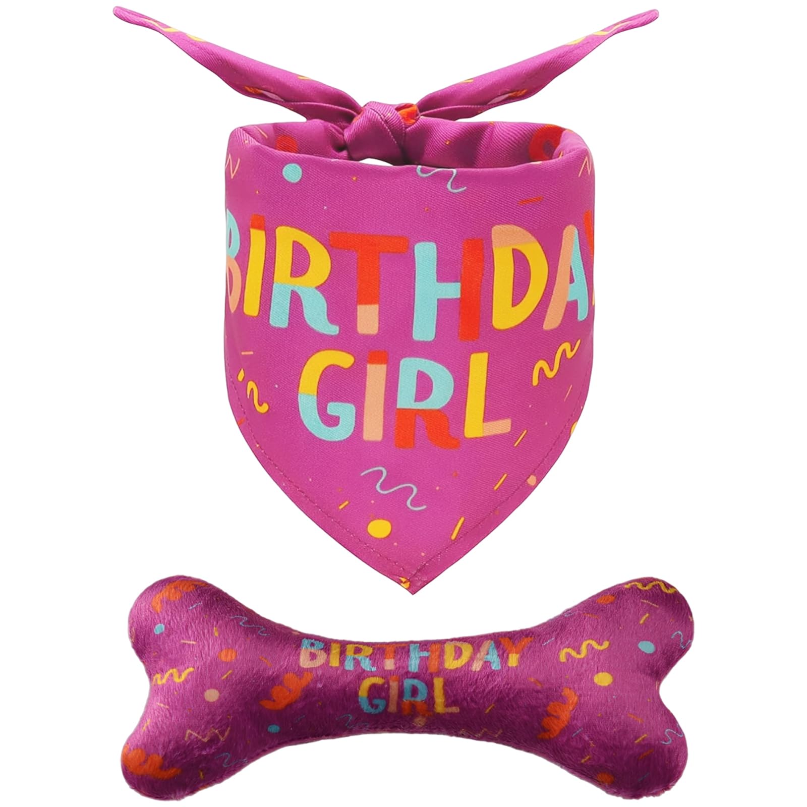 Dog Birthday Present, Two Piece Set with Pink Bandana and Bone Toy, Ideal for Small to Medium Dogs Birthday Celebrations, Photo Sessions and Training Activities, Bandana Size 76 cm by 52 cm and Bone S