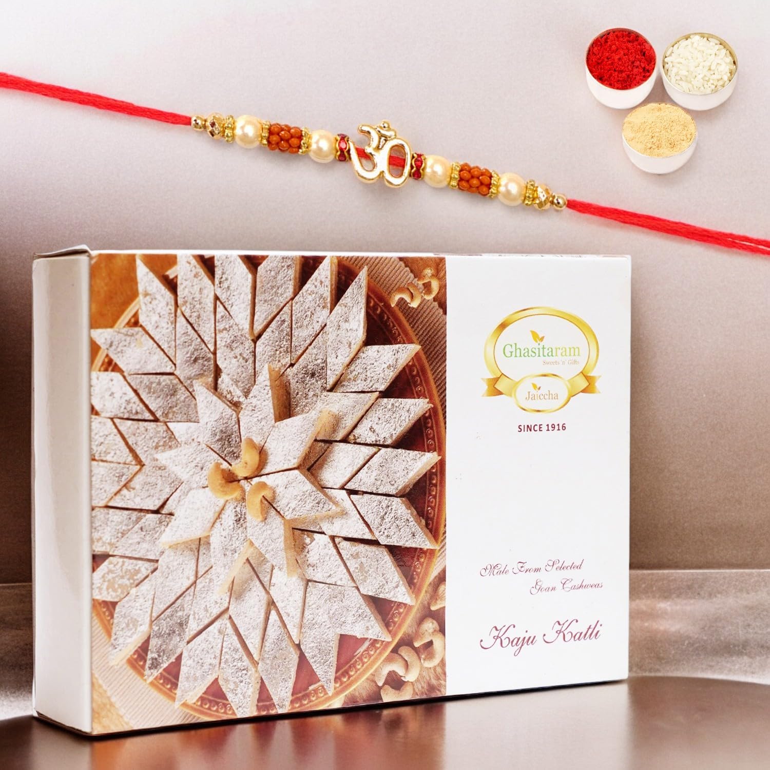 Ghasitaram Gifts Rakhi Gifts For Brother Rakhi Sweets - Ghasitarams Pure Kaju Katlis Box 400 gms with Om Rakhi (B0DB8M6M8L) Amazon Price History, Amazon Price Tracker