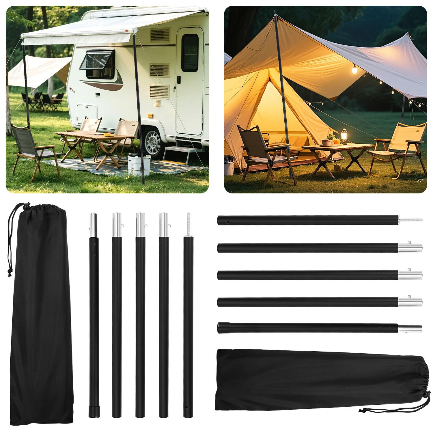 Verstellbare Zeltstange Teleskopstange，Aluminium Zeltstange，rutschfeste Spitze mit Rändelung, Stabile Kunststoff-Bodenkappe, Höhe 85–205cm, Sonnensegel & Camping