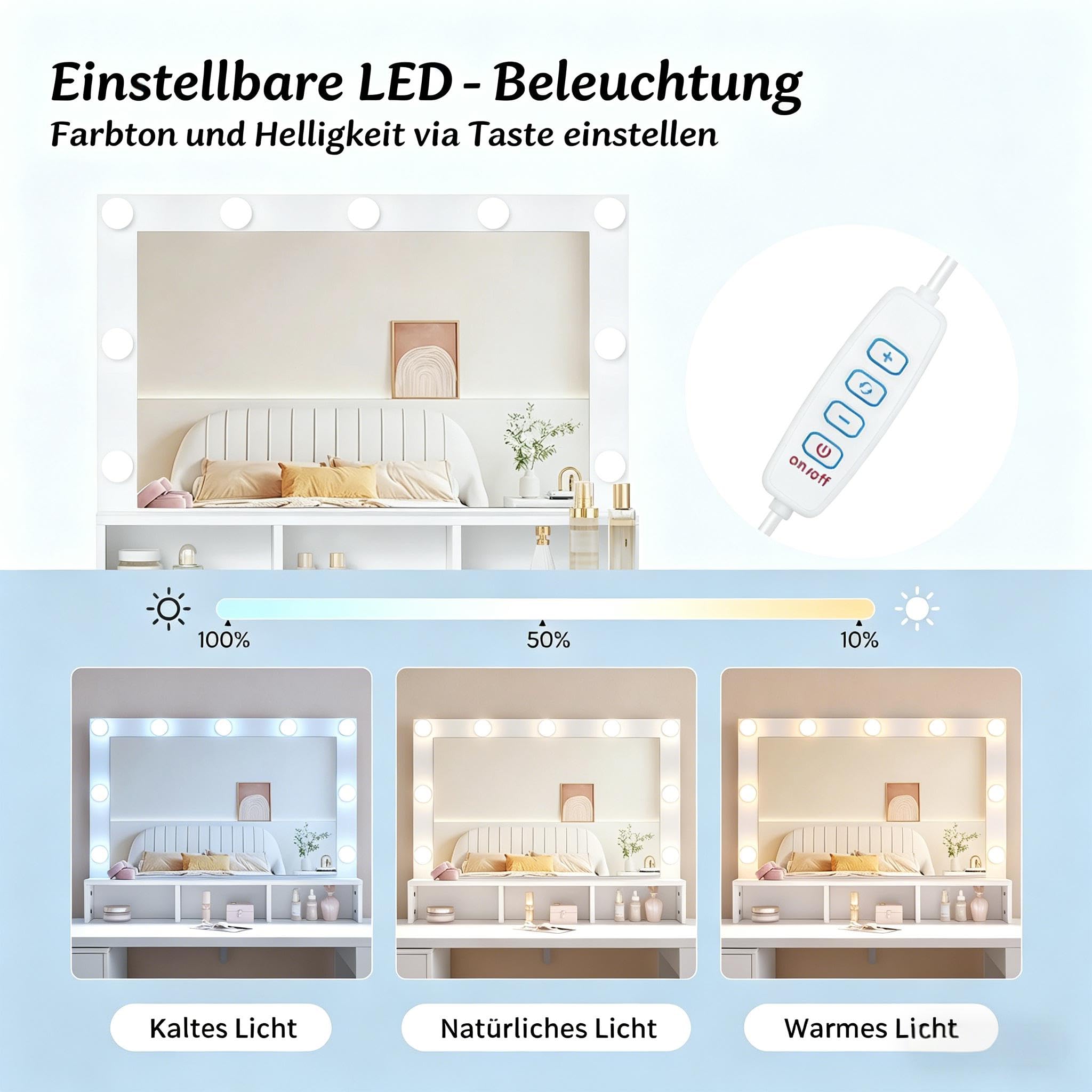 Tavolo da toeletta con specchio LED, a forma di L, 6 cassetti