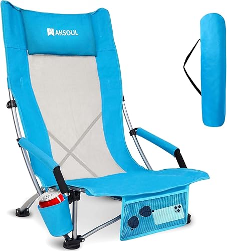 AKSOUL Silla de playa plegable para adultos sillas de respaldo bajoalto con bolsa de transporte - Silla de asiento extra ancha con cómoda almohada y