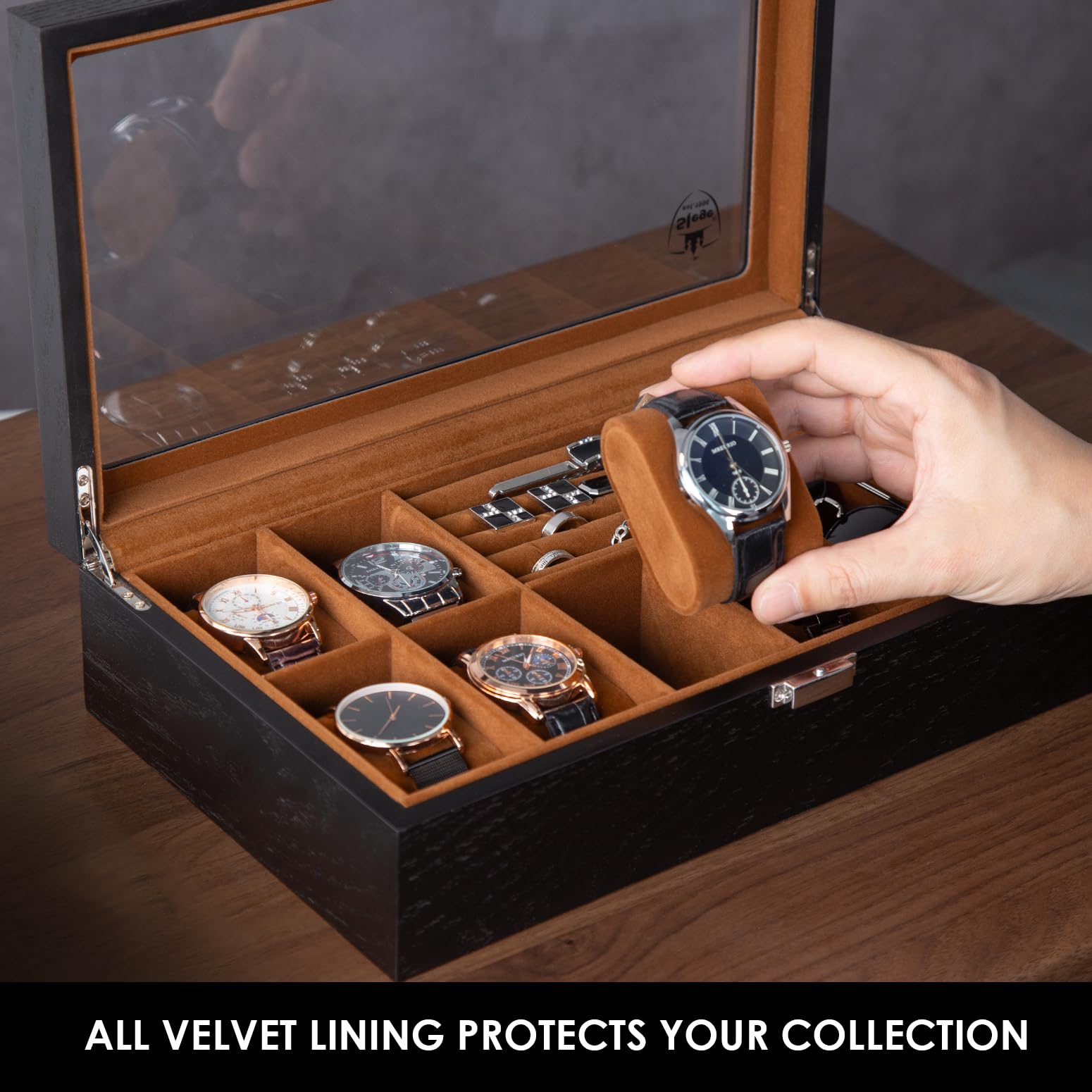 Slege Uhrenbox aus Holz,6 Fächer,Uhrenkasten Glasdeckel,Sonnenbrillenbox,Uhrenetui für Herren,Uhrenaufbewahrungsbox und Schmuckkästchen,Uhrenbox Organizer für Männer und Frauen,für Ringe,Ohrringe