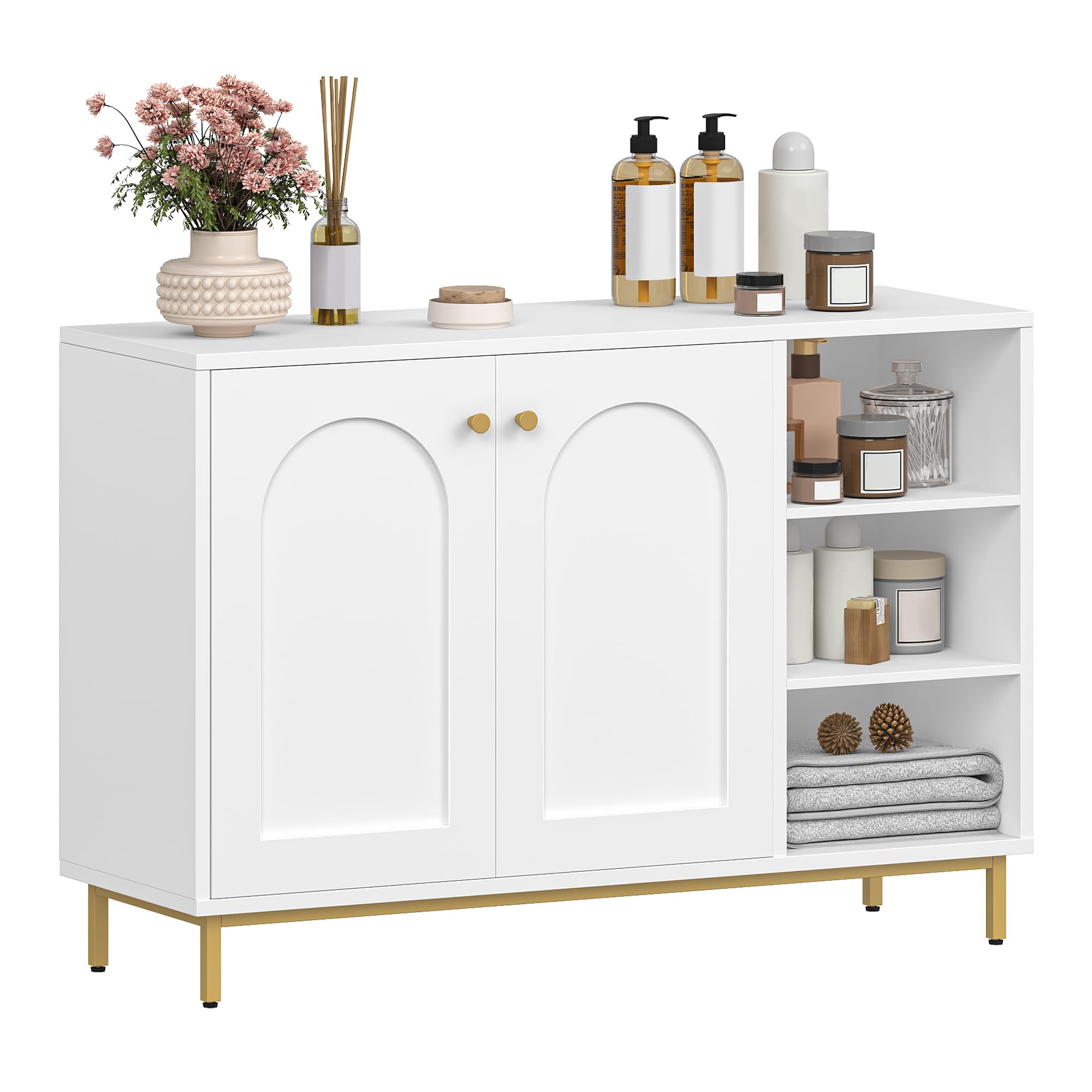 Hzuaneri Badezimmerschrank, Sideboard mit 2 Türen, Verstellbare Ablage | Beistellschrank mit 3 offenem Fach, Badschrank, für Badezimmer, Wohnzimmer, Küche, 35 x 100 x 75 cm, Weiß-Gold SC10203G