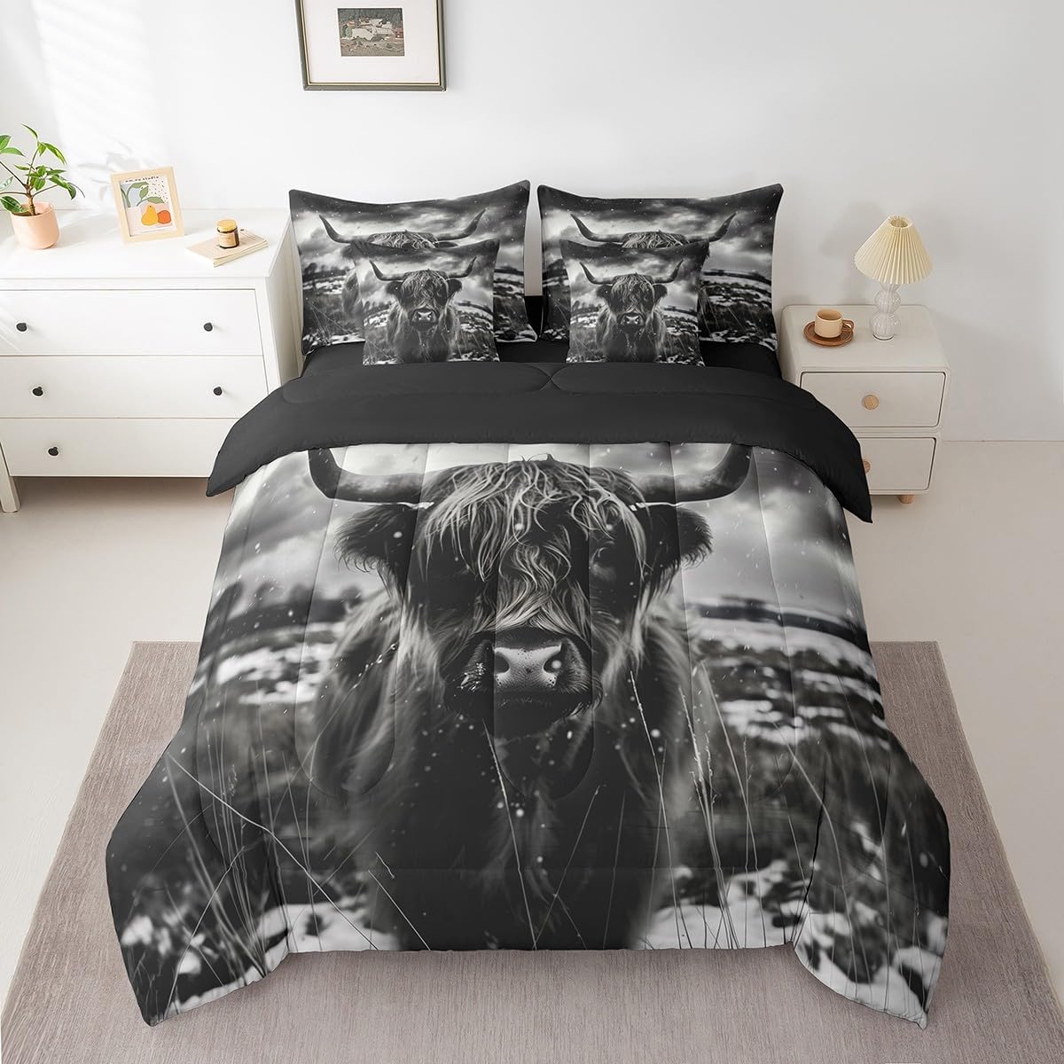 Feelyou Kids Highland Cow 7 Pieces Bedding Set King Size,Highland Cattle Bed in A Bag Boys Girls Wild Animal Comforter Set with Sheets Western Farmhouse Teens Bed Set Bedroom Decor 7Pcs