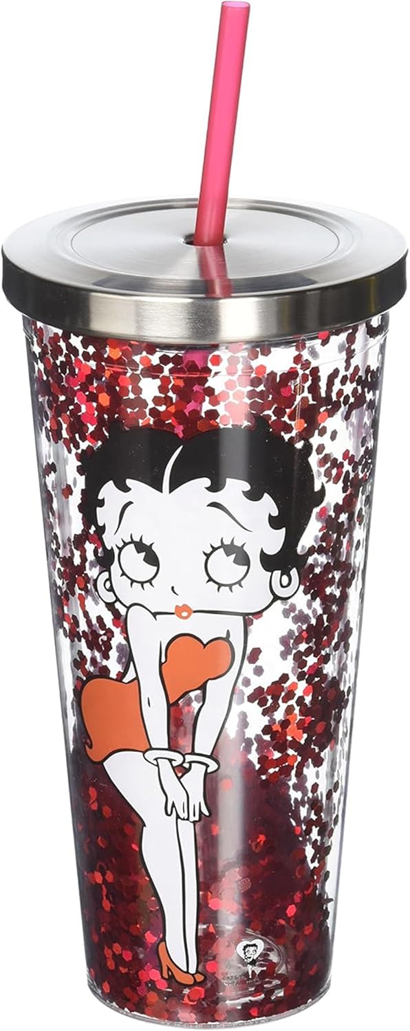 Spoontiques - Glitter Filled Acrylic Tumbler - Glitter Cup with Straw - 20 oz - Stainless Steel Locking Lid with Straw - Double Wall Insulated - BPA Free - Betty Boop