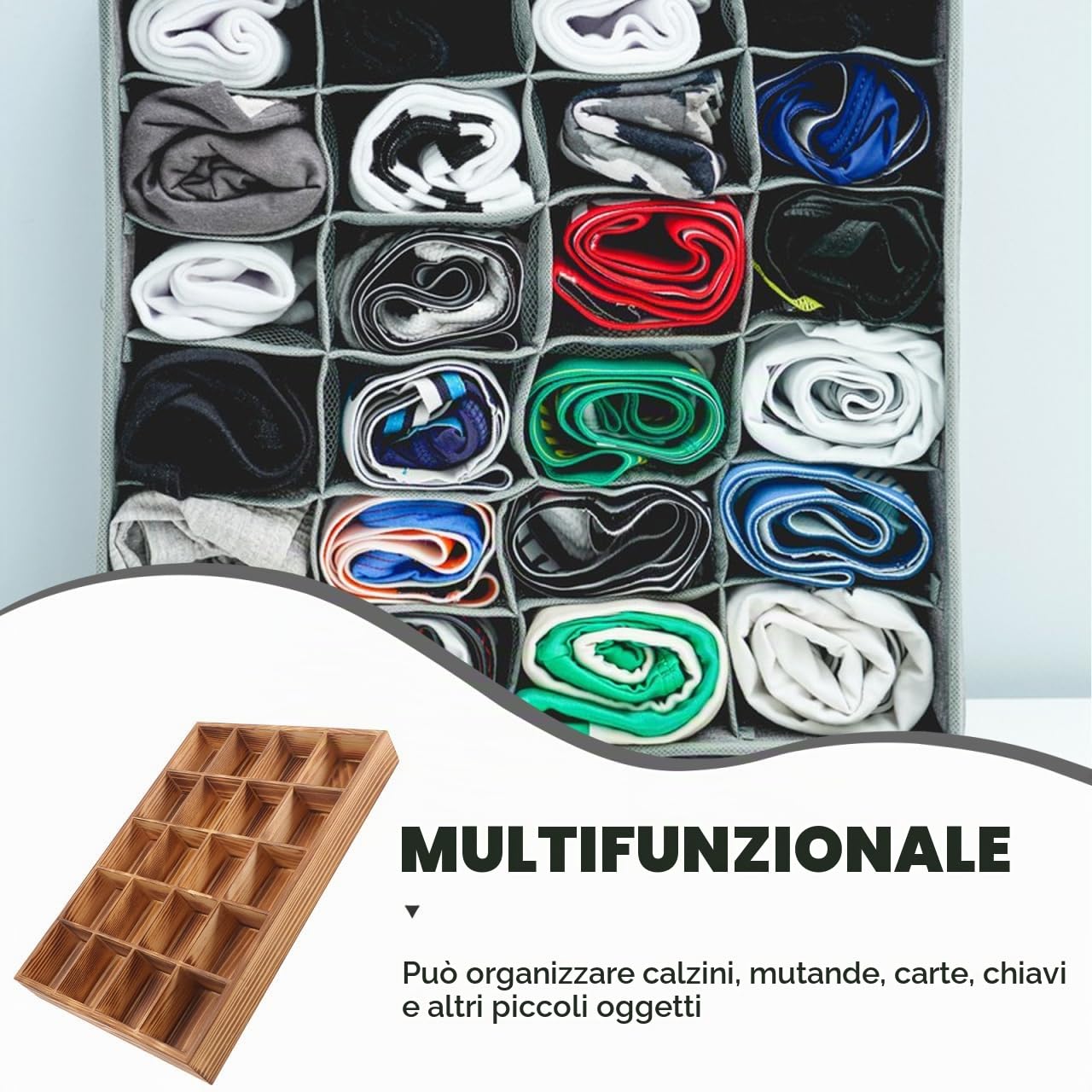 ABOOFAN Scatola Organizer in Legno Con 20 Scomparti Per Calzini E Biancheria Intima Divisorio Per Cassettiera Per Riporre Cravatte Cinture E Accessori 13.11X9.17X1.54In