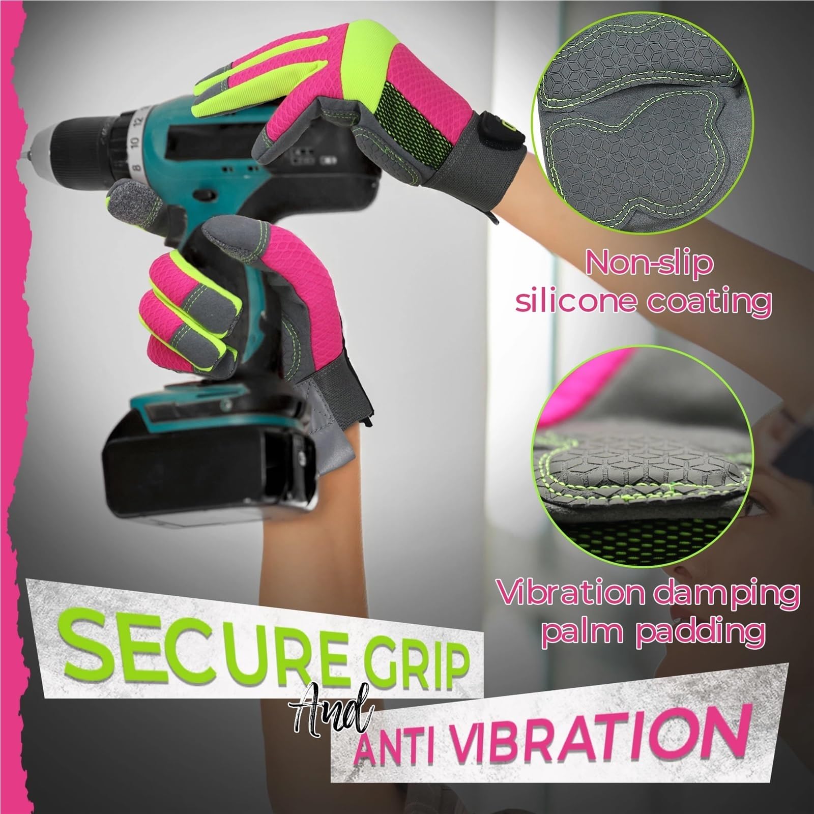 Guanti Da Lavoro Invernali Guanti da lavoro di sicurezza da donna Rosa riflettente ad alta visibilità, guanti antivibranti, guanti da lavoro da cantiere traspiranti Per Giardinaggio E Edilizia(M)