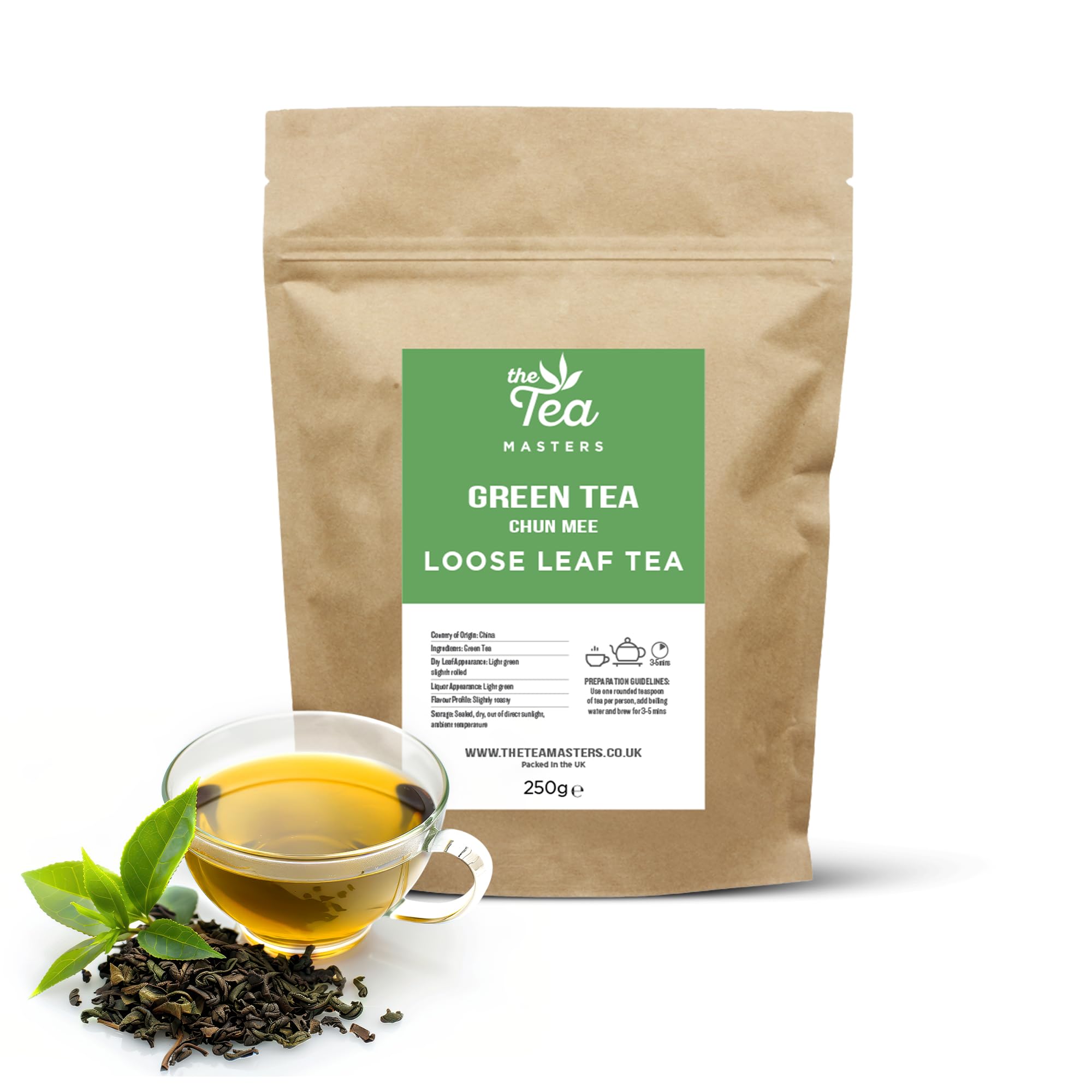 The Tea Masters Loose Leaf Tea - 250g Premium Chun Mee Chinese Green Leaves - 100% Richly Flavoured, Perfect as Breakfast Drink or Every Teatime