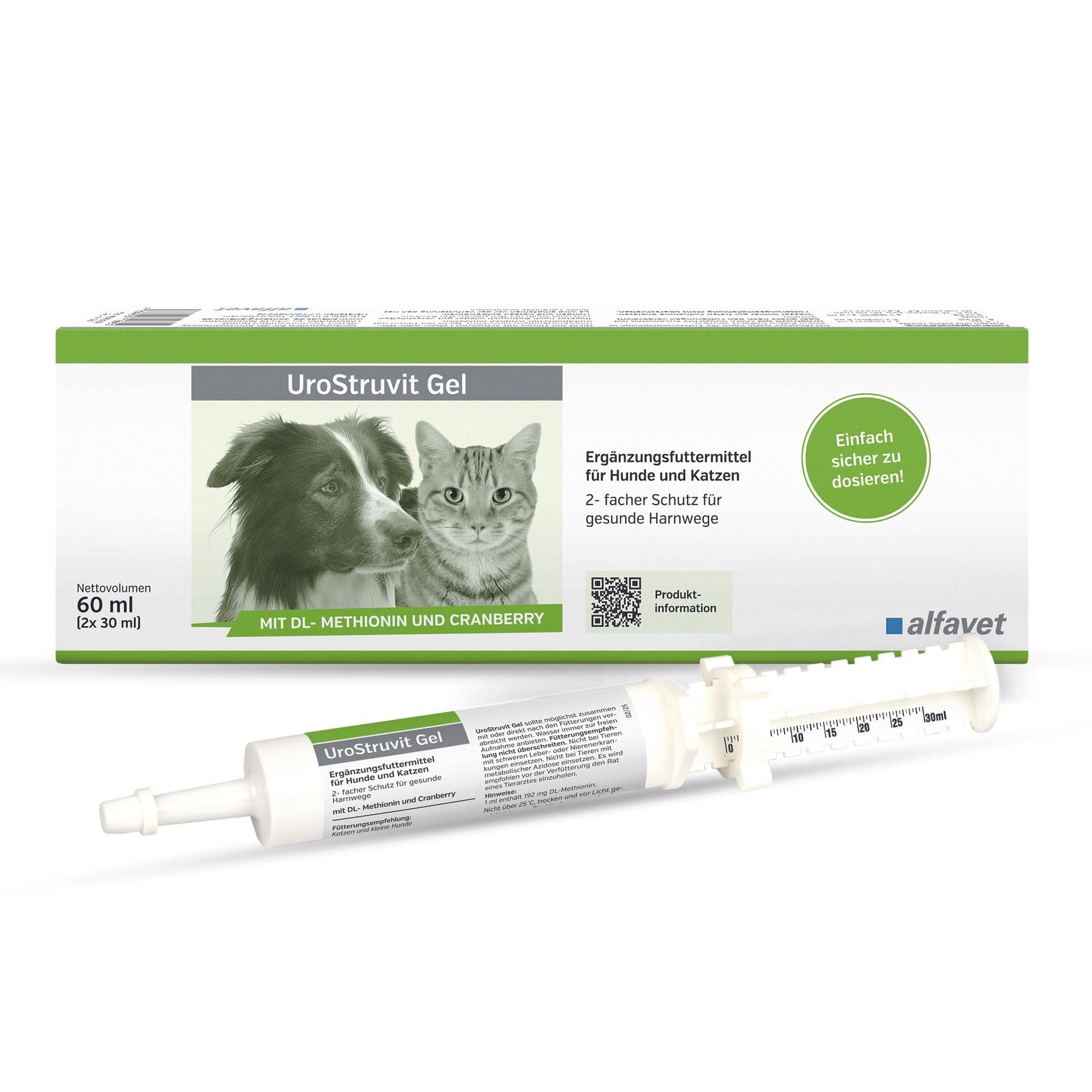 Alfavet UroStruvit Gel 2 x 30 ml Injektoren, 2- facher Schutz für gesunde Harnwege, Ergänzungsfuttermittel mit DL-Methionin & Cranberry, für Hunde und Katzen
