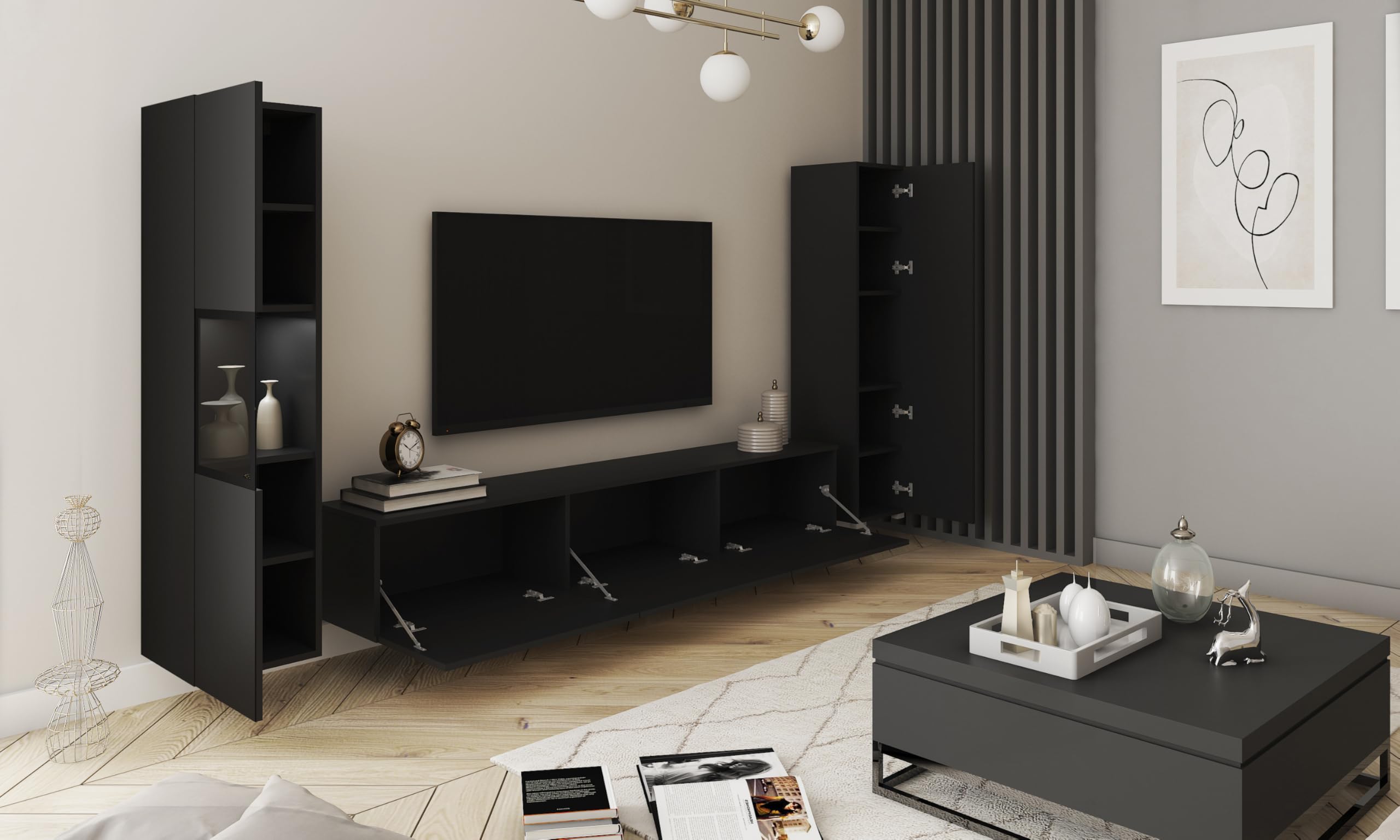 MINIO go for it - Wohnwand BRELA 3, 3-Teilig Set Wohnzimmermöbel mit LED | Hängend oder Stehend, Vitrine, Lowboard, Wandboard, Farbe: Schwarz matt - mit LED Beleuchtung