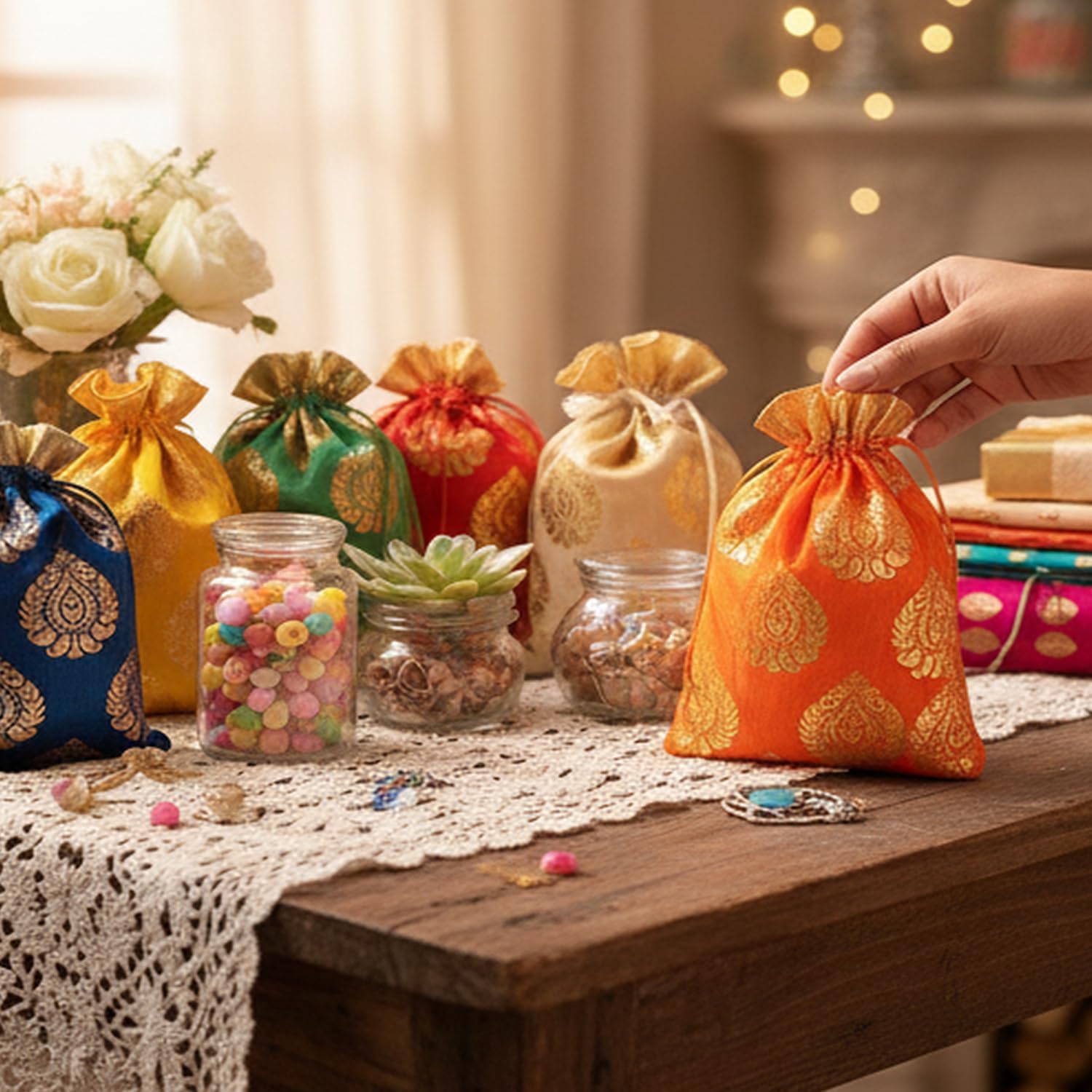 Touchstone Drawstring Bags Traditional Indian Handcrafted in Ficus Leaf Pattern Brocade fabric. Perfect for Gifts Jewelry Weddings Sweet Distribution Set of 20 Vibrant Multicolor Pouches Purses Potli