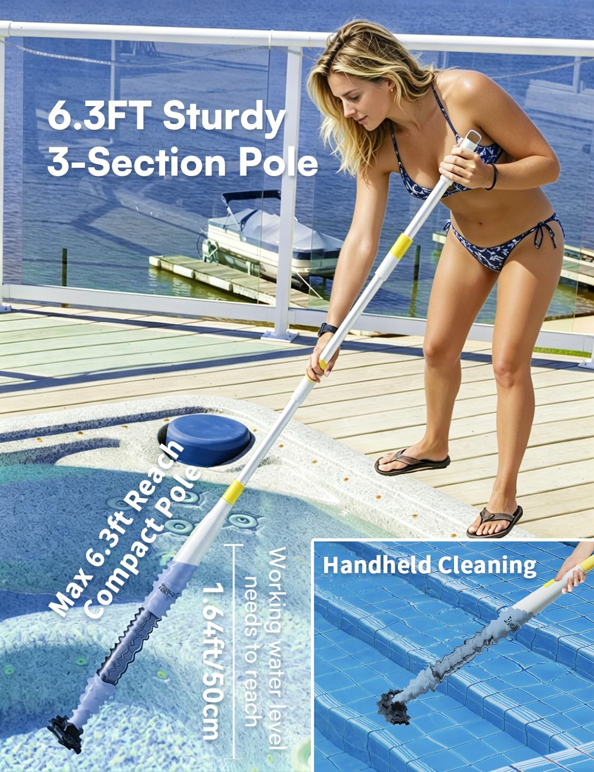 Handheld Pool Vacuum for Above Ground Pool – 90-Min Runtime,13.2 GPM Powerful Suction, Ideal for Spot Clean Inground Pool Hot Tub,Rechargeable,Sand and Debris, Pool Vacuum with 2 Brush Heads,Biue