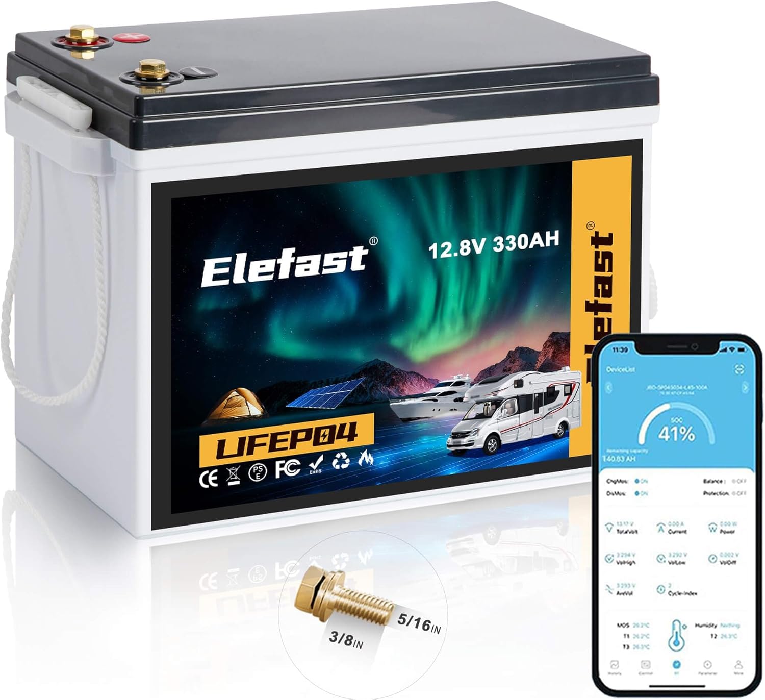 ELEFAST 12V 330AH Lifepo4 Battery, Extra-Large Capacity Lithium RV Battery Built-in 200A BMS & Bluetooth,Support in Series/Parallel,Up to 8000 Deep Cycle.Perfect for RV,Solar Energy,Off-Grid System