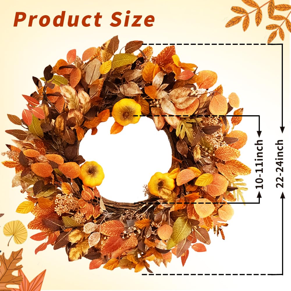 Qingbei Rina Wreaths for Front Door 22 Inch, Outdoor Autumn Wreath for Farmhouse, Eucalyptus, Bright Oak Leaves, Pumpkins, Berries Fall Leaf Harvest Window Decor