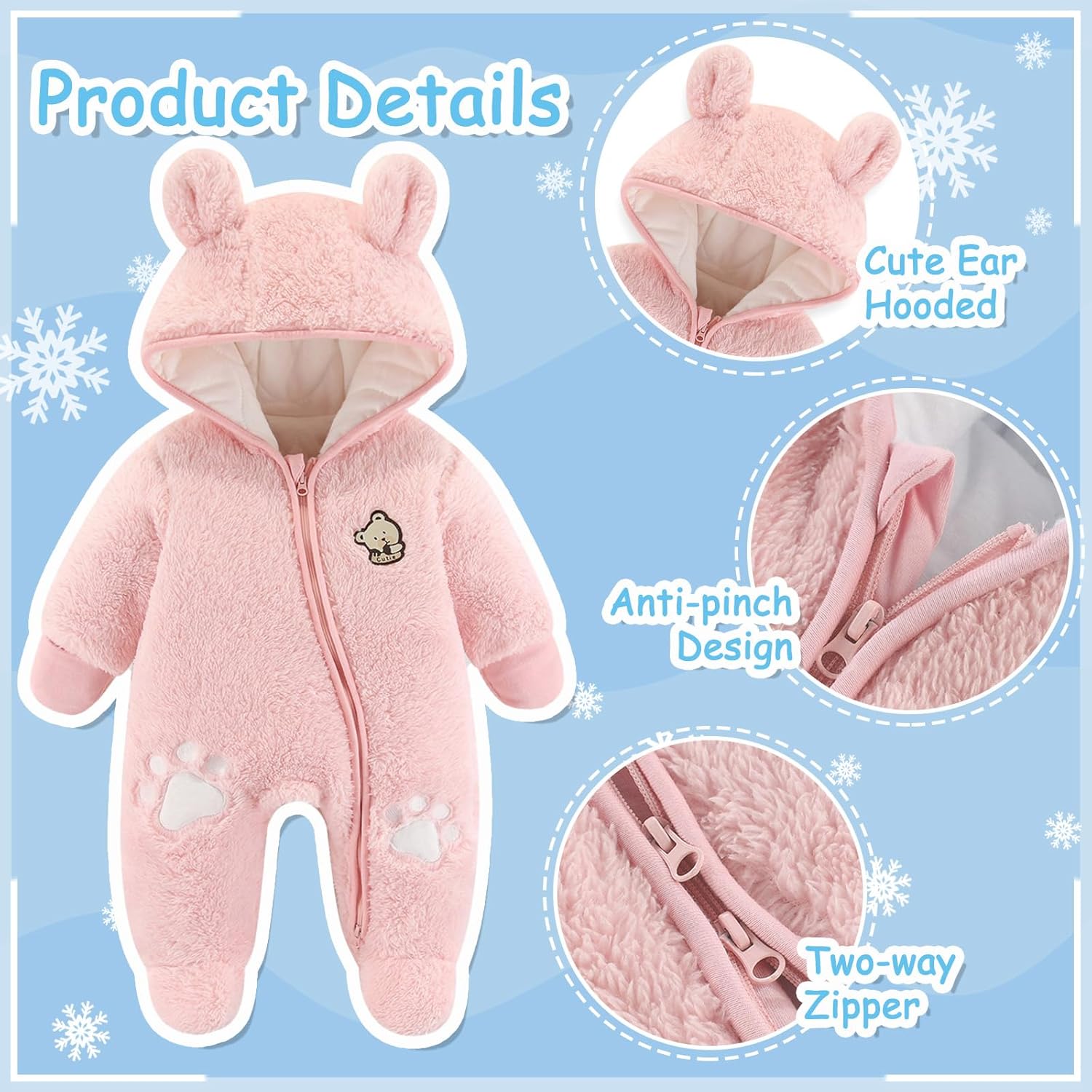 Newborn Baby Bear Onesie Snowsuit Winter Footie Fleece Romper Hooded Jumpsuit Infant Coat for Girls Boys 0-12M - Image 2