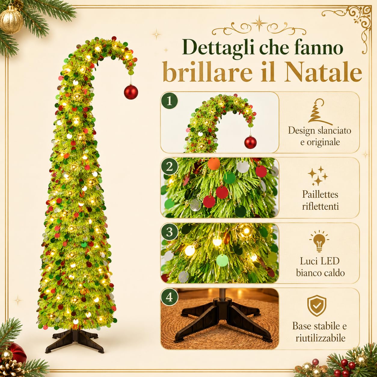 Albero di Natale Pop Up 153 cm con Luci e Paillettes, Salvaspazio