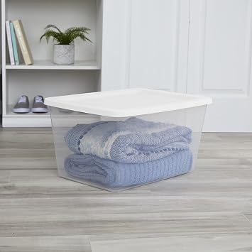 58 Quart Medium Storage Bin, Clear Plastic Storage Container with Snap-On Lid, White